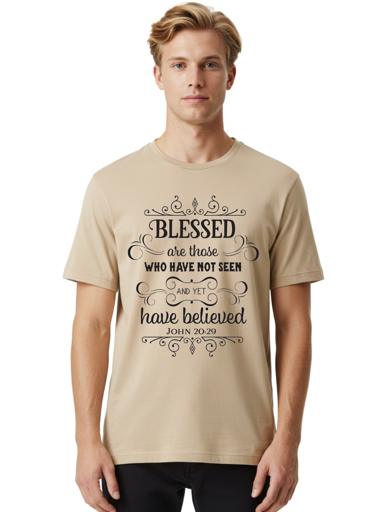 Blessed-Are-Those Men'S Graphic Tee, 100% Cotton, Comfortable Casual Summer Wear, Machine Washable, Inspirational Quote, Faith-Based Message, Biblical Scripture, John 20:29, Blessed Are Those Who Have Not Seen And Yet Have Believed, Aac526 22