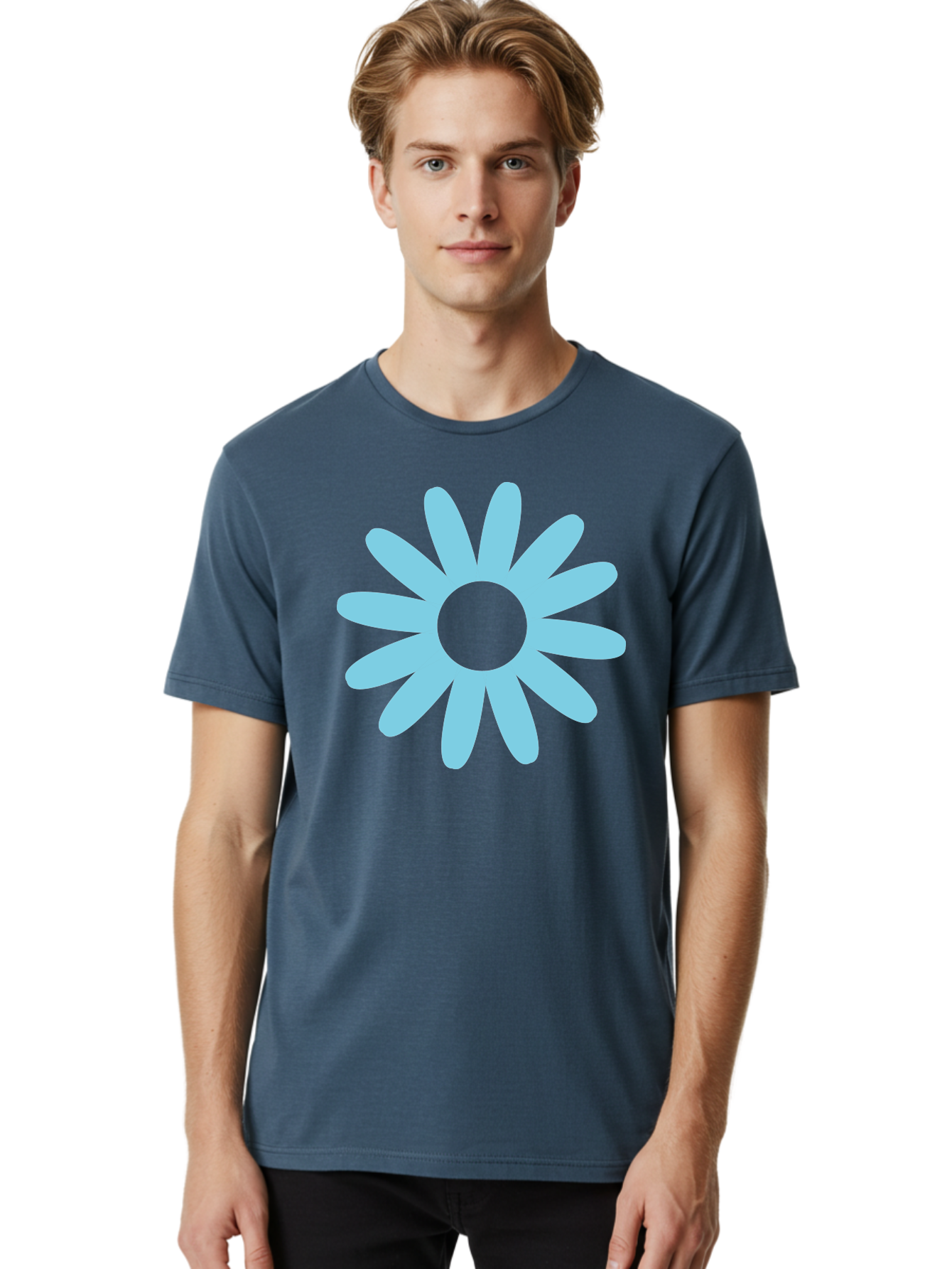 Blue-Flower Men'S Graphic Tee, 100% Cotton, Comfortable Casual Summer Wear, Machine Washable, Blue Flower, Simple Design, Minimalist Art, Floral Pattern, Light Blue Petals, Abstract Flower, Modern Graphics Aac536 16