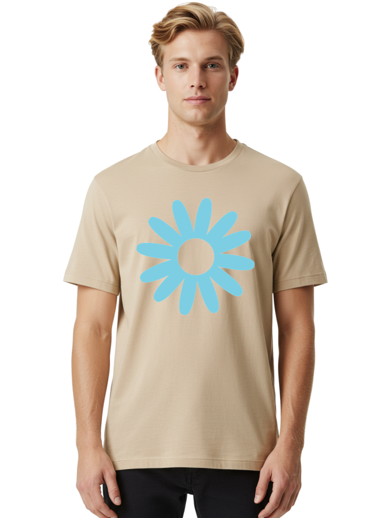 Blue-Flower Men'S Graphic Tee, 100% Cotton, Comfortable Casual Summer Wear, Machine Washable, Blue Flower, Simple Design, Minimalist Art, Floral Pattern, Light Blue Petals, Abstract Flower, Modern Graphics Aac536 20