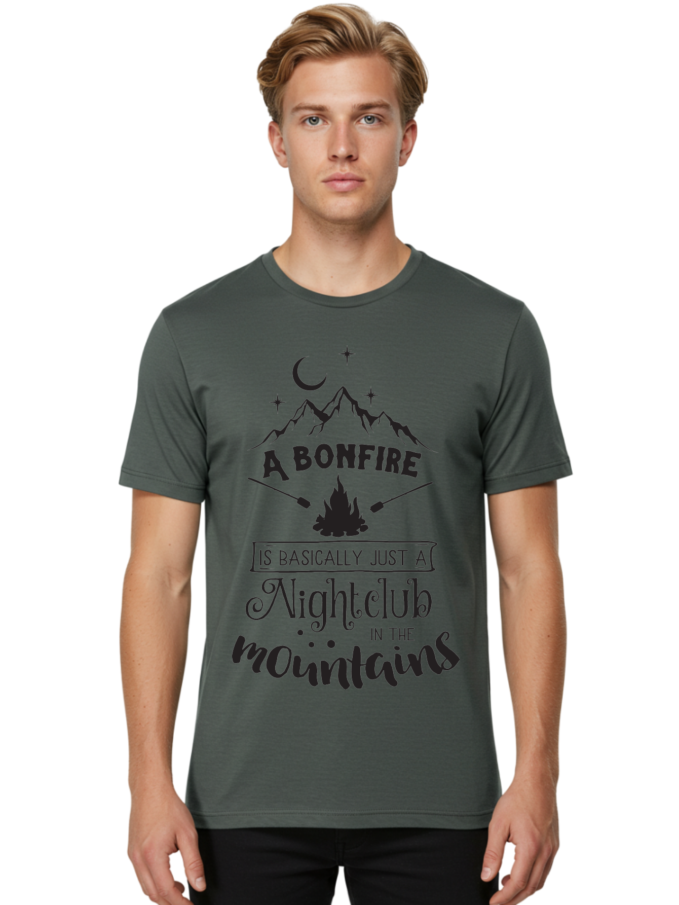 Bonfire-Nightclub Men'S Graphic Tee, 100% Cotton, Comfortable Casual Summer Wear, Machine Washable, Bonfire In The Mountains, Nightclub Atmosphere, Camping Vibes, Outdoor Adventures, Wilderness Getaway, Moonlit Nights, Starry Skies, Aac537 26