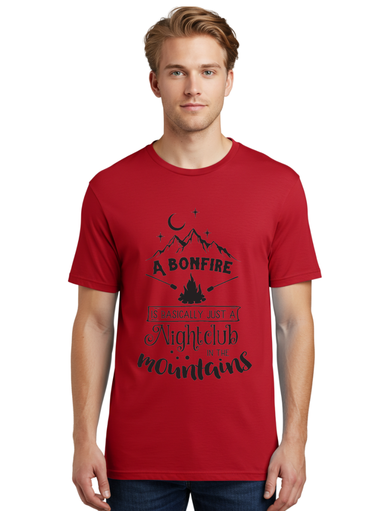 Bonfire-Nightclub Men'S Graphic Tee, 100% Cotton, Comfortable Casual Summer Wear, Machine Washable, Bonfire In The Mountains, Nightclub Atmosphere, Camping Vibes, Outdoor Adventures, Wilderness Getaway, Moonlit Nights, Starry Skies, Aac537 18