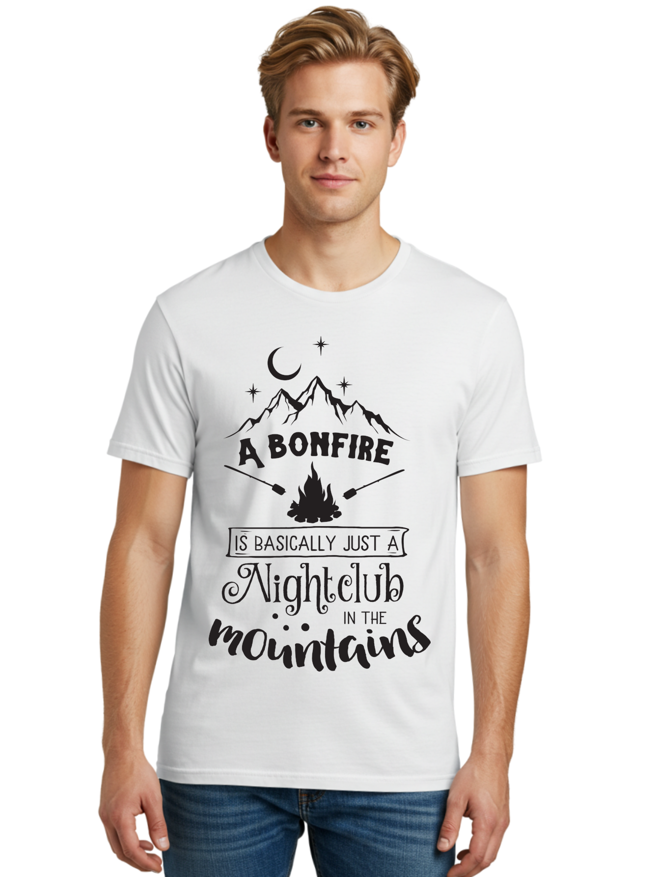 Bonfire-Nightclub Men'S Graphic Tee, 100% Cotton, Comfortable Casual Summer Wear, Machine Washable, Bonfire In The Mountains, Nightclub Atmosphere, Camping Vibes, Outdoor Adventures, Wilderness Getaway, Moonlit Nights, Starry Skies, Aac537 4
