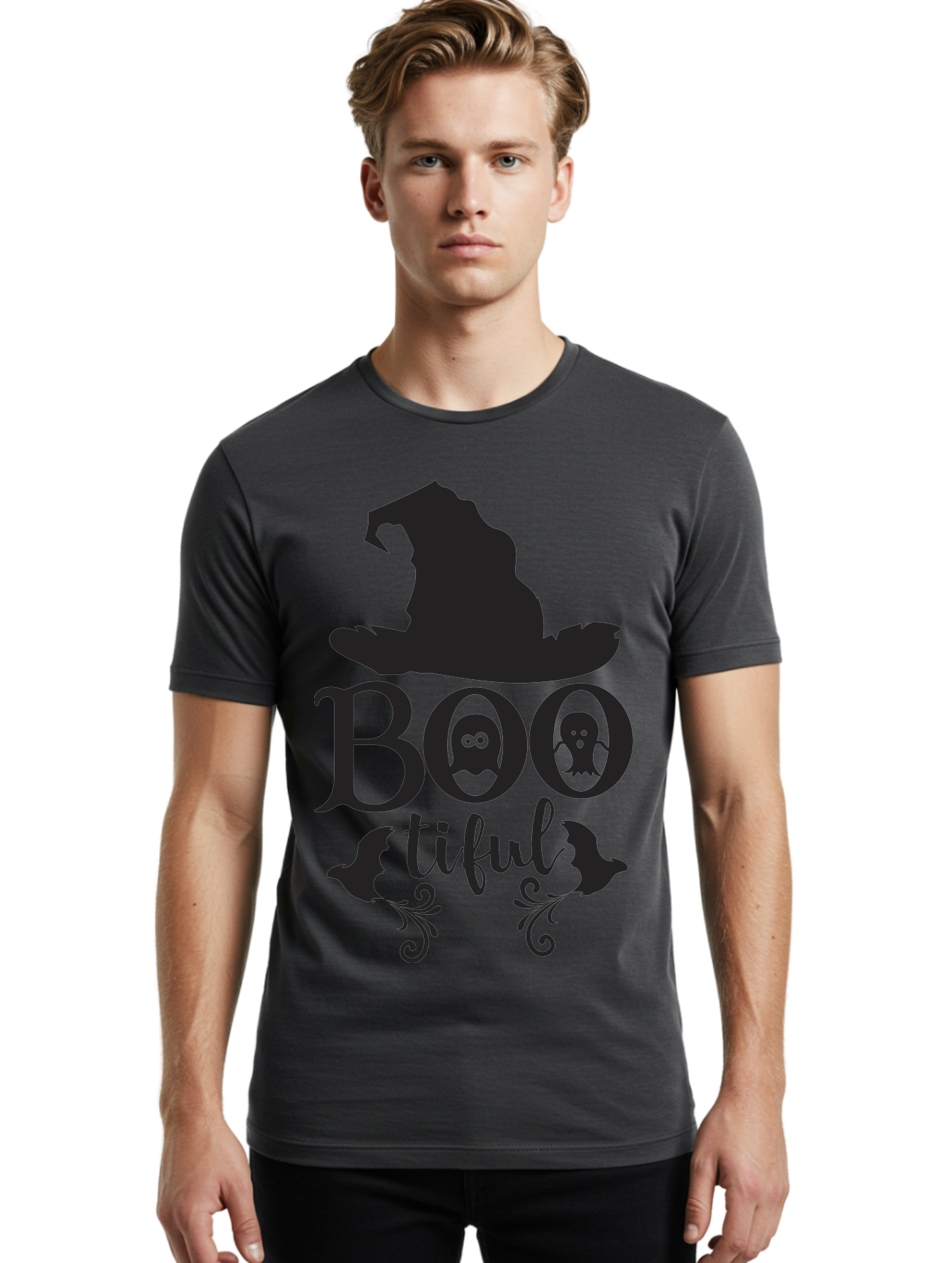 Boo-Tiful Men'S Graphic Tee, 100% Cotton, Comfortable Casual Summer Wear, Machine Washable, Halloween Design, Witch Hat, Ghostly Figures, Boo Tiful, Spooky Decor, Halloween Theme, Gothic Style, Mystical Vibes, Halloween Graphics Aac538 26