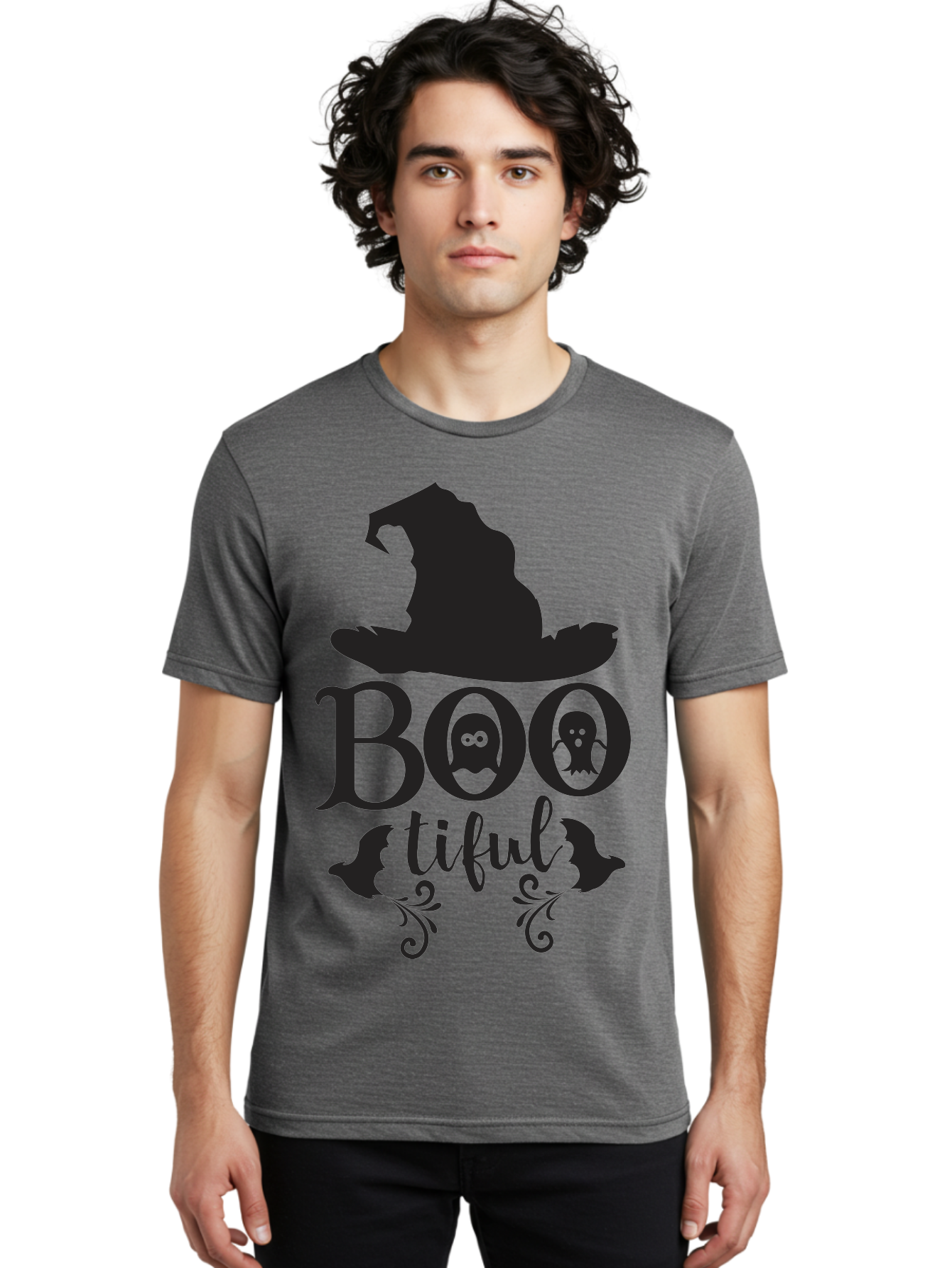 Boo-Tiful Men'S Graphic Tee, 100% Cotton, Comfortable Casual Summer Wear, Machine Washable, Halloween Design, Witch Hat, Ghostly Figures, Boo Tiful, Spooky Decor, Halloween Theme, Gothic Style, Mystical Vibes, Halloween Graphics Aac538 8