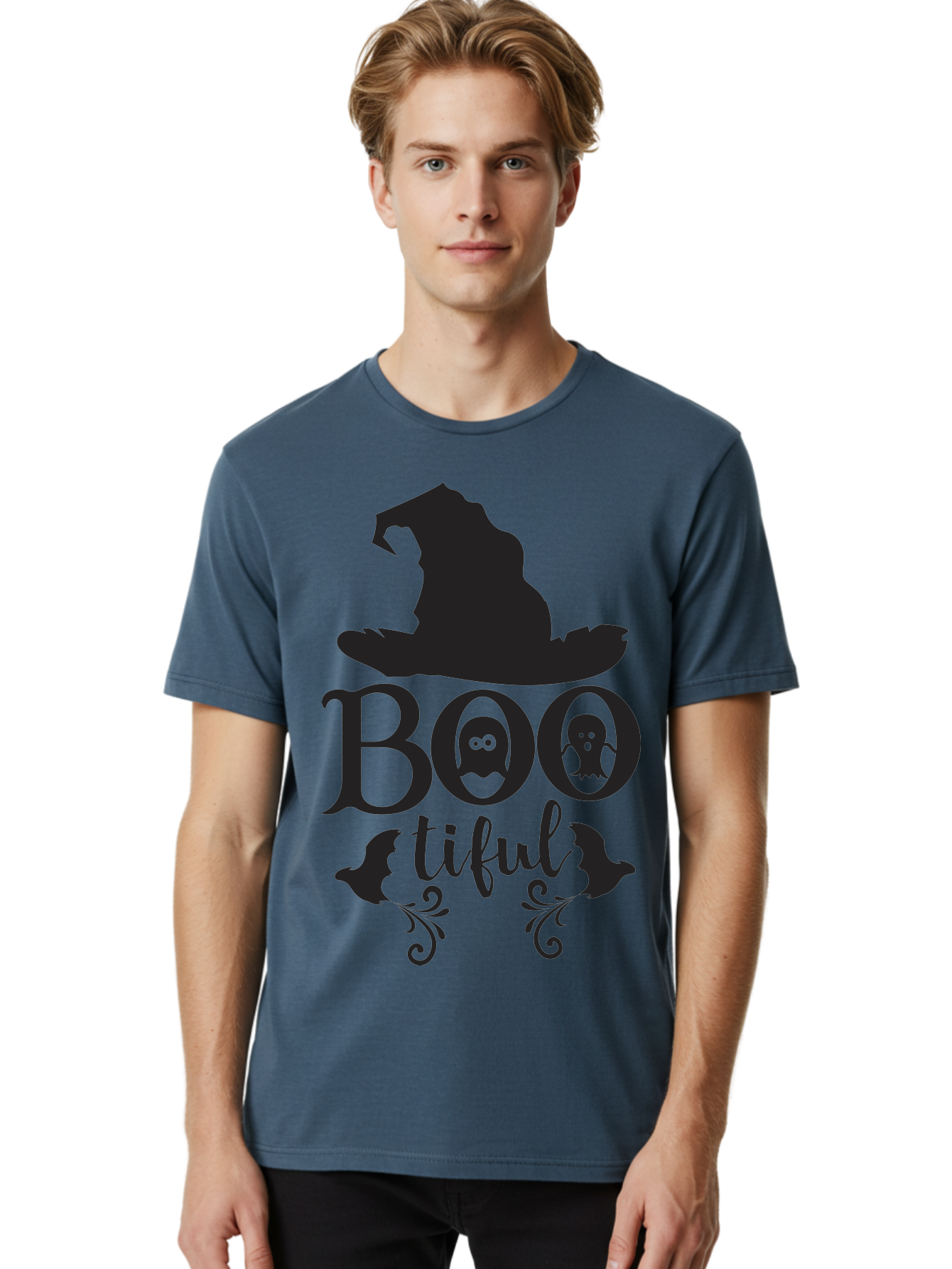 Boo-Tiful Men'S Graphic Tee, 100% Cotton, Comfortable Casual Summer Wear, Machine Washable, Halloween Design, Witch Hat, Ghostly Figures, Boo Tiful, Spooky Decor, Halloween Theme, Gothic Style, Mystical Vibes, Halloween Graphics Aac538 6