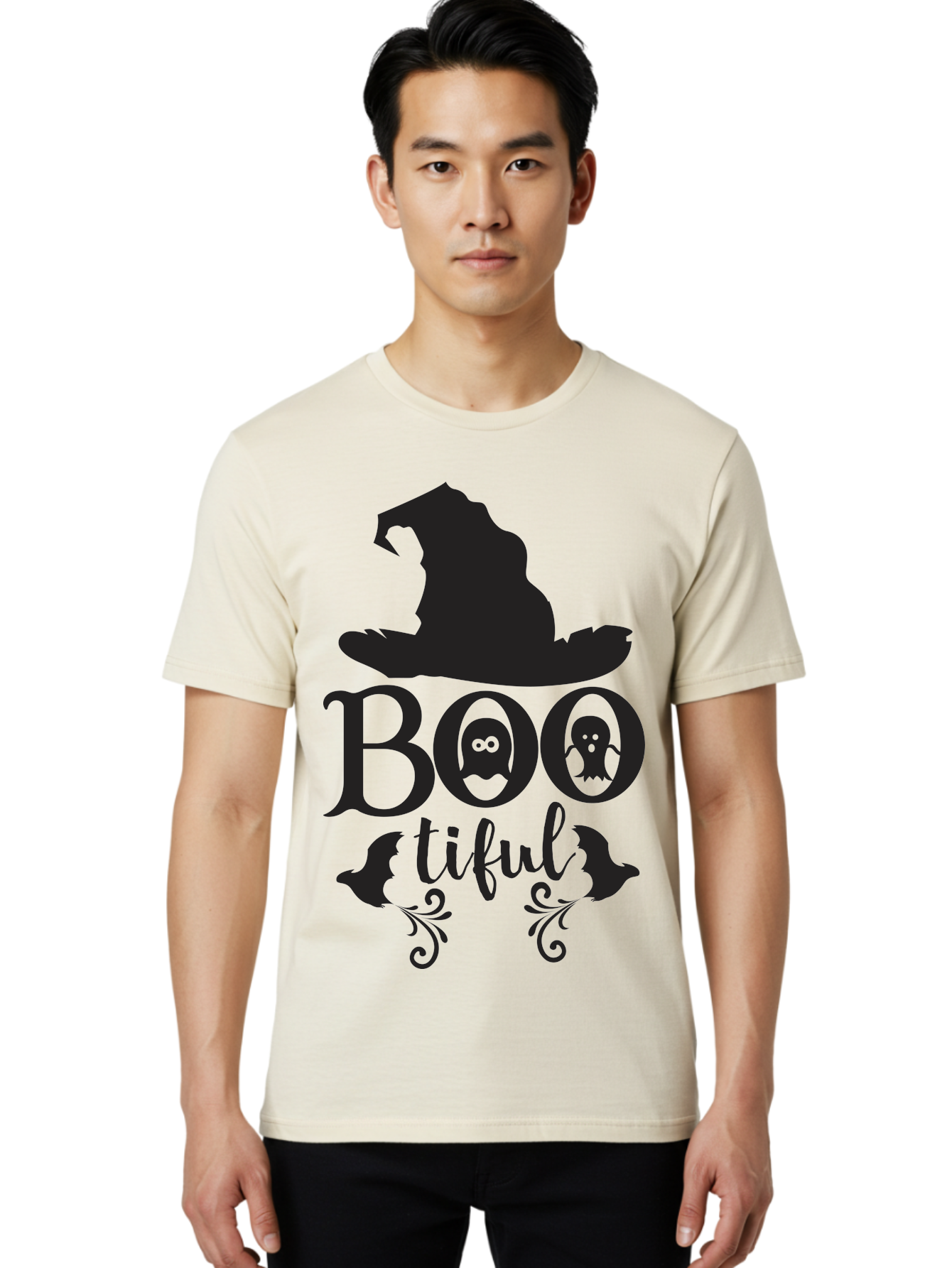 Boo-Tiful Men'S Graphic Tee, 100% Cotton, Comfortable Casual Summer Wear, Machine Washable, Halloween Design, Witch Hat, Ghostly Figures, Boo Tiful, Spooky Decor, Halloween Theme, Gothic Style, Mystical Vibes, Halloween Graphics Aac538 18