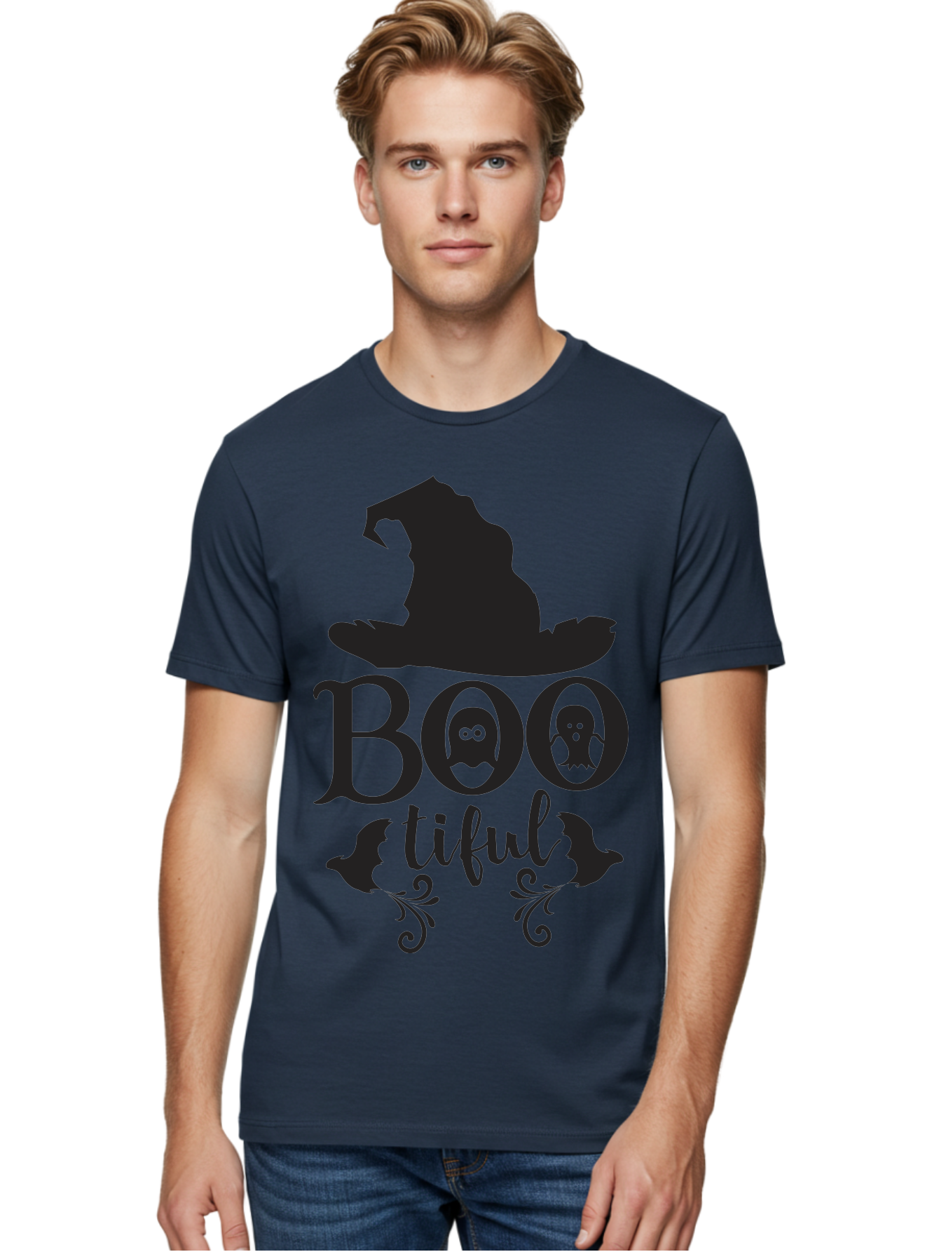 Boo-Tiful Men'S Graphic Tee, 100% Cotton, Comfortable Casual Summer Wear, Machine Washable, Halloween Design, Witch Hat, Ghostly Figures, Boo Tiful, Spooky Decor, Halloween Theme, Gothic Style, Mystical Vibes, Halloween Graphics Aac538 24