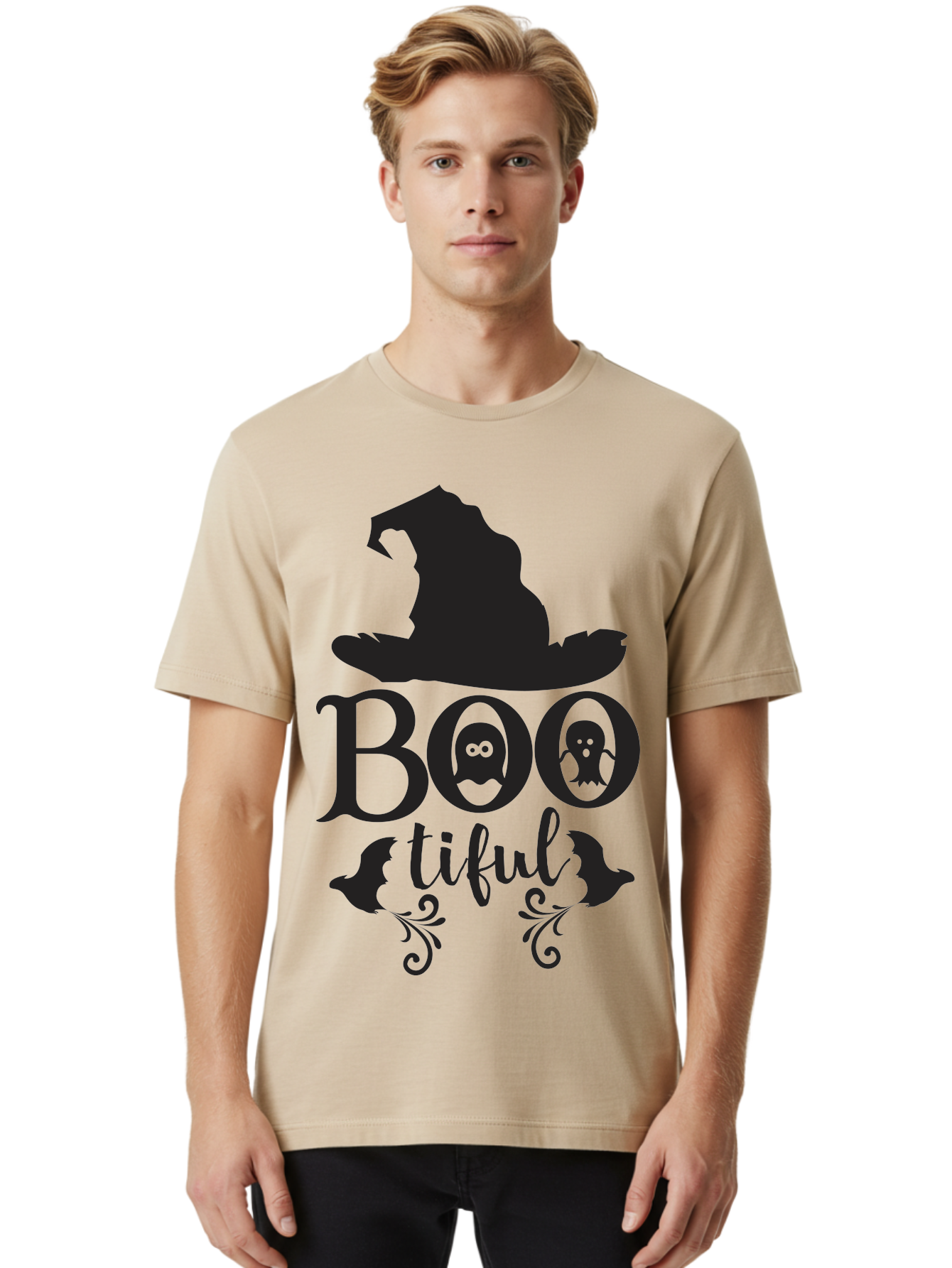 Boo-Tiful Men'S Graphic Tee, 100% Cotton, Comfortable Casual Summer Wear, Machine Washable, Halloween Design, Witch Hat, Ghostly Figures, Boo Tiful, Spooky Decor, Halloween Theme, Gothic Style, Mystical Vibes, Halloween Graphics Aac538 4