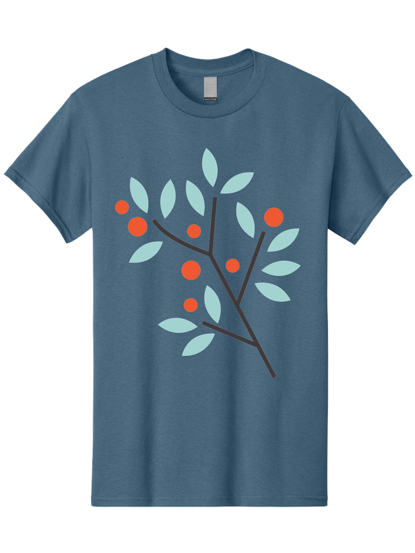 Branch-With-Leaves-And-Berries Men'S Graphic Tee, 100% Cotton, Comfortable Casual Summer Wear, Machine Washable, Simple Branch, Red Berries, Light Blue Leaves, Black Branches, Minimalist Design, Flat Illustration, Nature-Inspired Art, Aac542 21