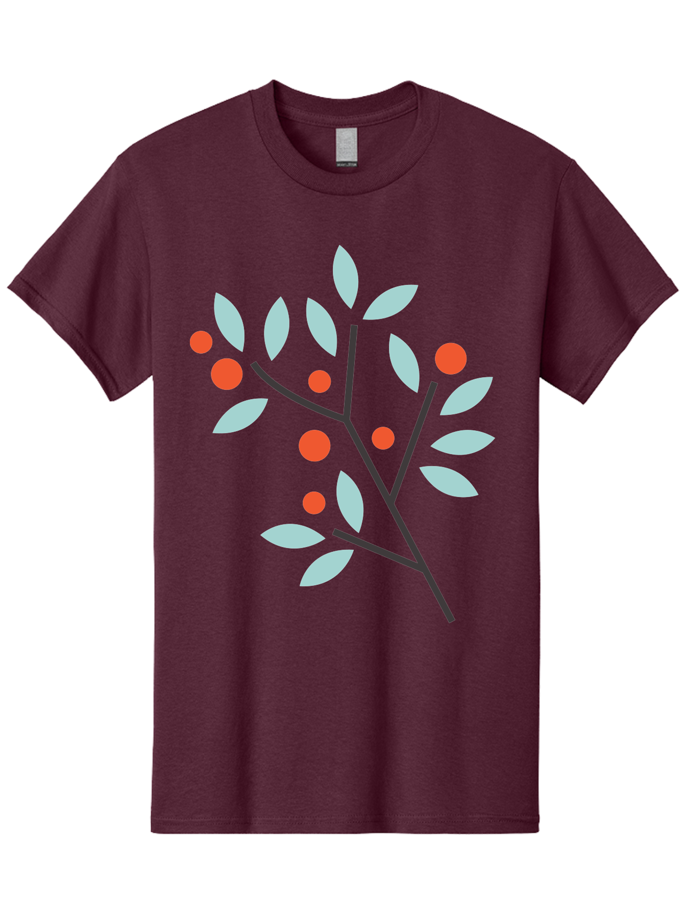 Branch-With-Leaves-And-Berries Men'S Graphic Tee, 100% Cotton, Comfortable Casual Summer Wear, Machine Washable, Simple Branch, Red Berries, Light Blue Leaves, Black Branches, Minimalist Design, Flat Illustration, Nature-Inspired Art, Aac542 25