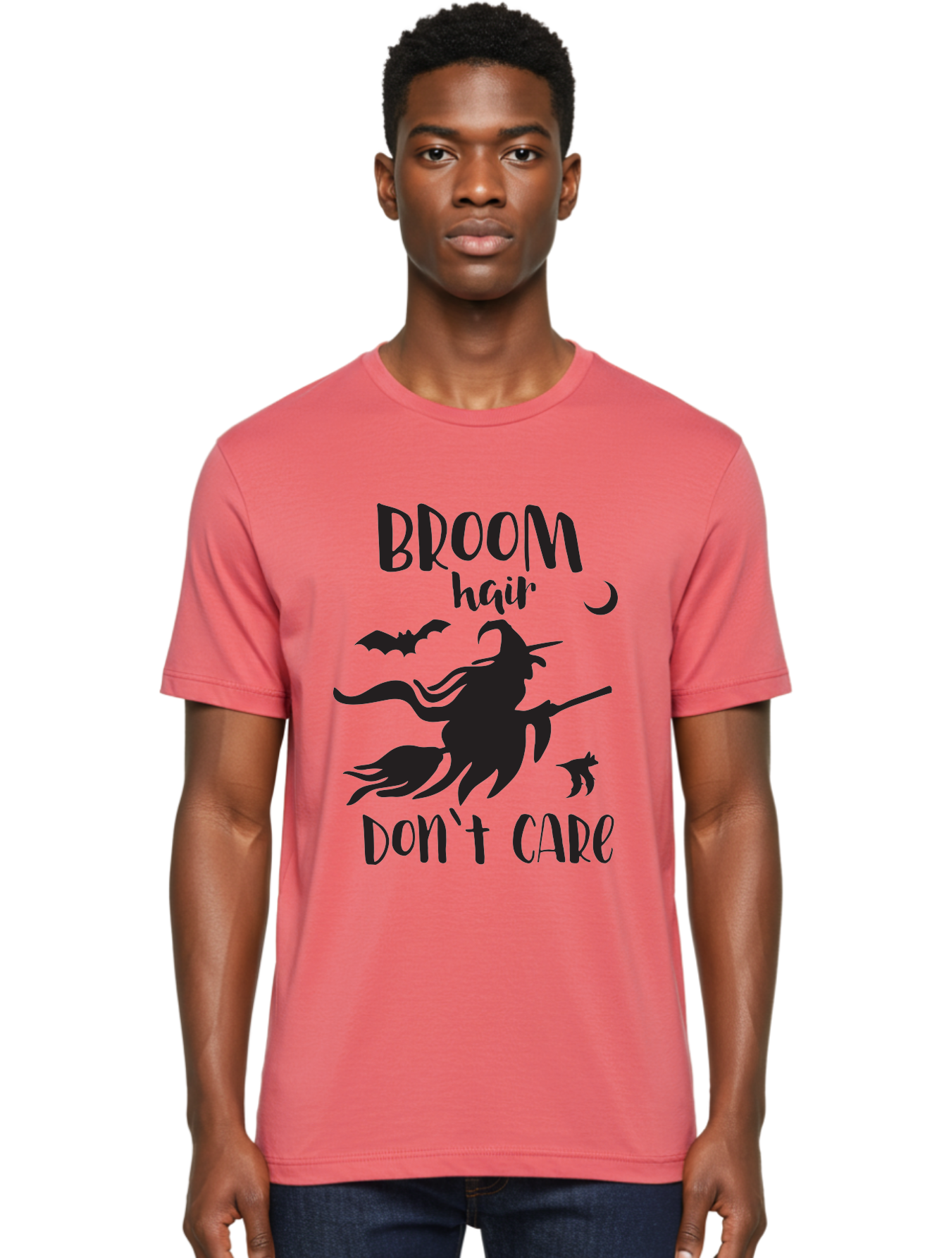 Broom-Hair-Don-T-Care Men'S Graphic Tee, 100% Cotton, Comfortable Casual Summer Wear, Machine Washable, Witch Silhouette, Broomstick, Halloween Theme, Bats Flying, Crescent Moon, Cat Silhouette, Spooky Atmosphere, Witchy Vibes, Mystical Night, Aac547 10