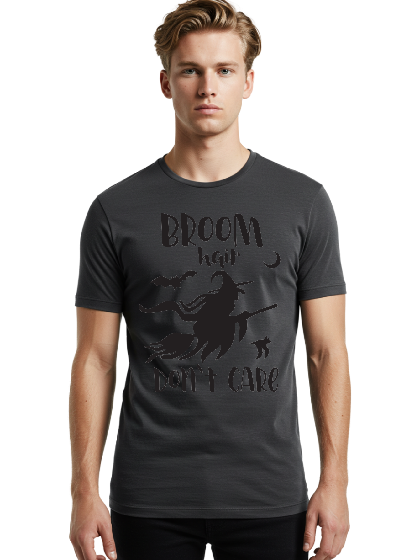 Broom-Hair-Don-T-Care Men'S Graphic Tee, 100% Cotton, Comfortable Casual Summer Wear, Machine Washable, Witch Silhouette, Broomstick, Halloween Theme, Bats Flying, Crescent Moon, Cat Silhouette, Spooky Atmosphere, Witchy Vibes, Mystical Night, Aac547 30