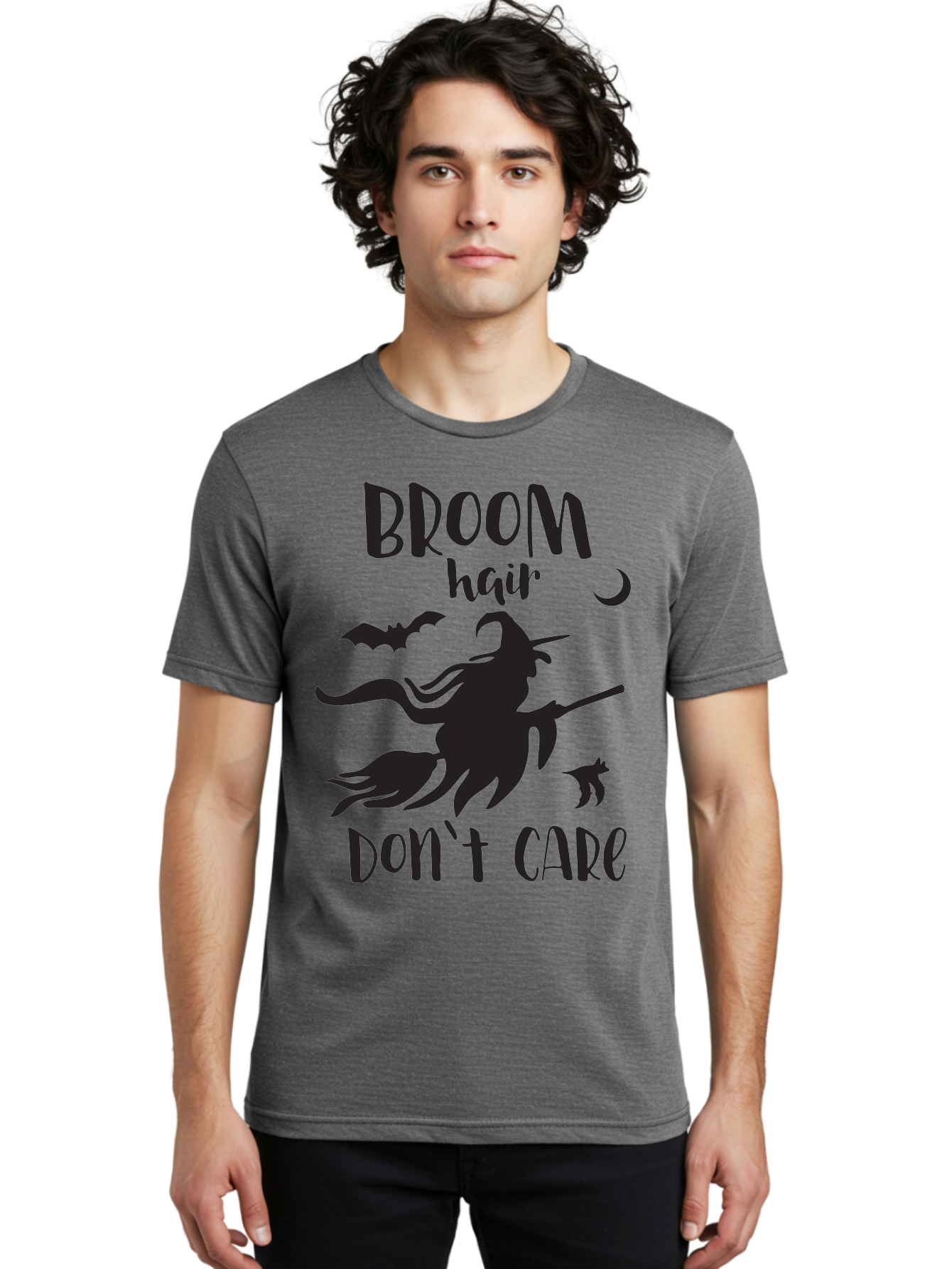 Broom-Hair-Don-T-Care Men'S Graphic Tee, 100% Cotton, Comfortable Casual Summer Wear, Machine Washable, Witch Silhouette, Broomstick, Halloween Theme, Bats Flying, Crescent Moon, Cat Silhouette, Spooky Atmosphere, Witchy Vibes, Mystical Night, Aac547 12