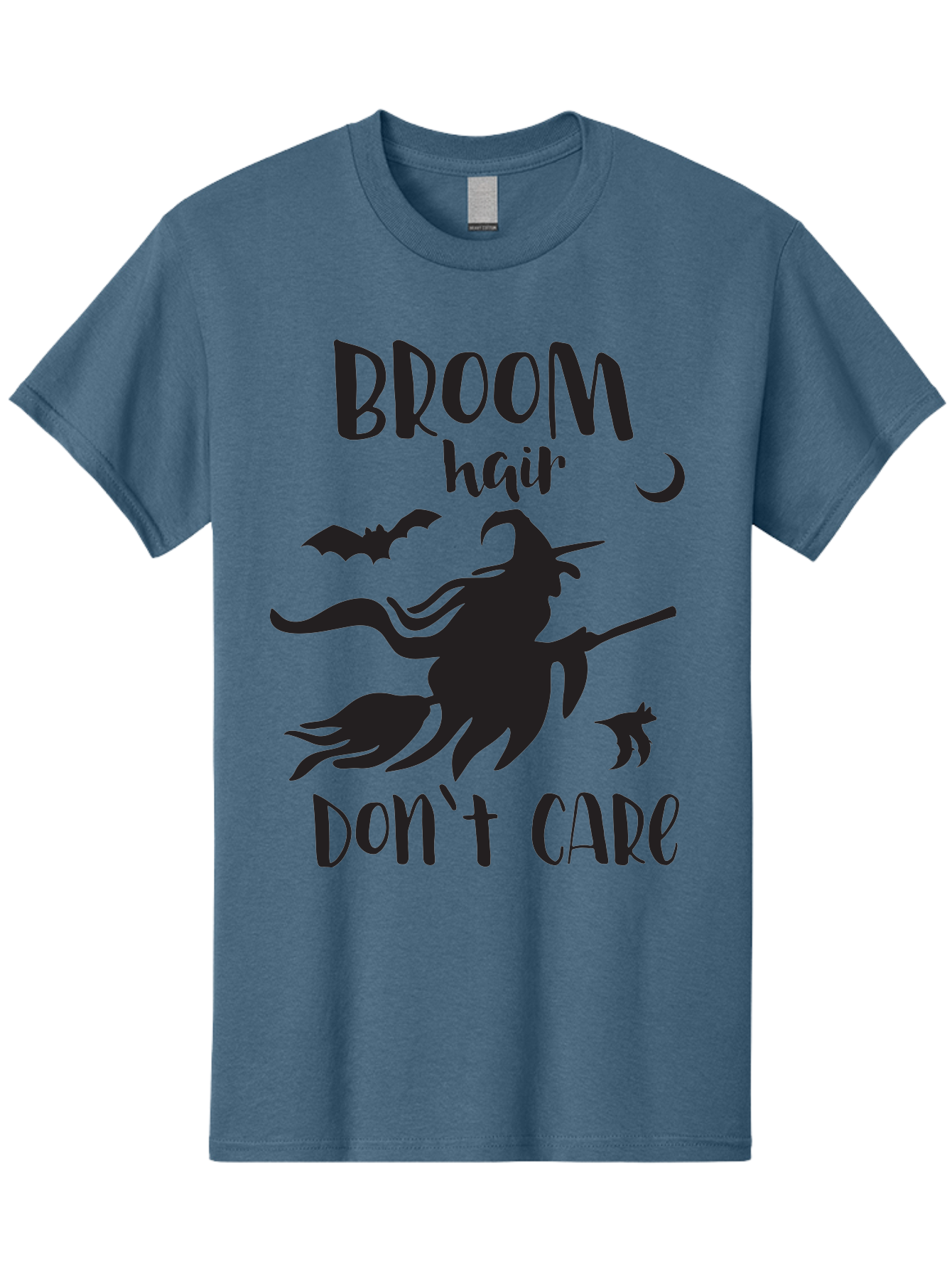 Broom-Hair-Don-T-Care Men'S Graphic Tee, 100% Cotton, Comfortable Casual Summer Wear, Machine Washable, Witch Silhouette, Broomstick, Halloween Theme, Bats Flying, Crescent Moon, Cat Silhouette, Spooky Atmosphere, Witchy Vibes, Mystical Night, Aac547 27