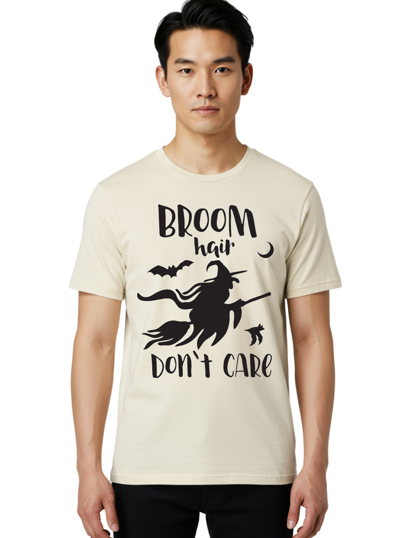 Broom-Hair-Don-T-Care Men'S Graphic Tee, 100% Cotton, Comfortable Casual Summer Wear, Machine Washable, Witch Silhouette, Broomstick, Halloween Theme, Bats Flying, Crescent Moon, Cat Silhouette, Spooky Atmosphere, Witchy Vibes, Mystical Night, Aac547 20