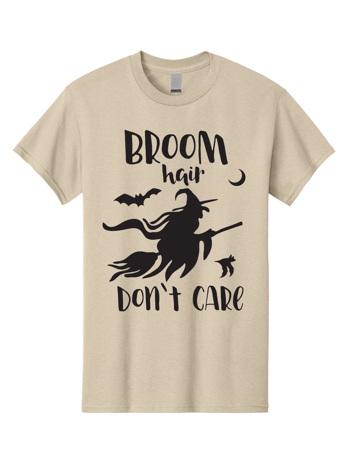 Broom-Hair-Don-T-Care Men'S Graphic Tee, 100% Cotton, Comfortable Casual Summer Wear, Machine Washable, Witch Silhouette, Broomstick, Halloween Theme, Bats Flying, Crescent Moon, Cat Silhouette, Spooky Atmosphere, Witchy Vibes, Mystical Night, Aac547 3
