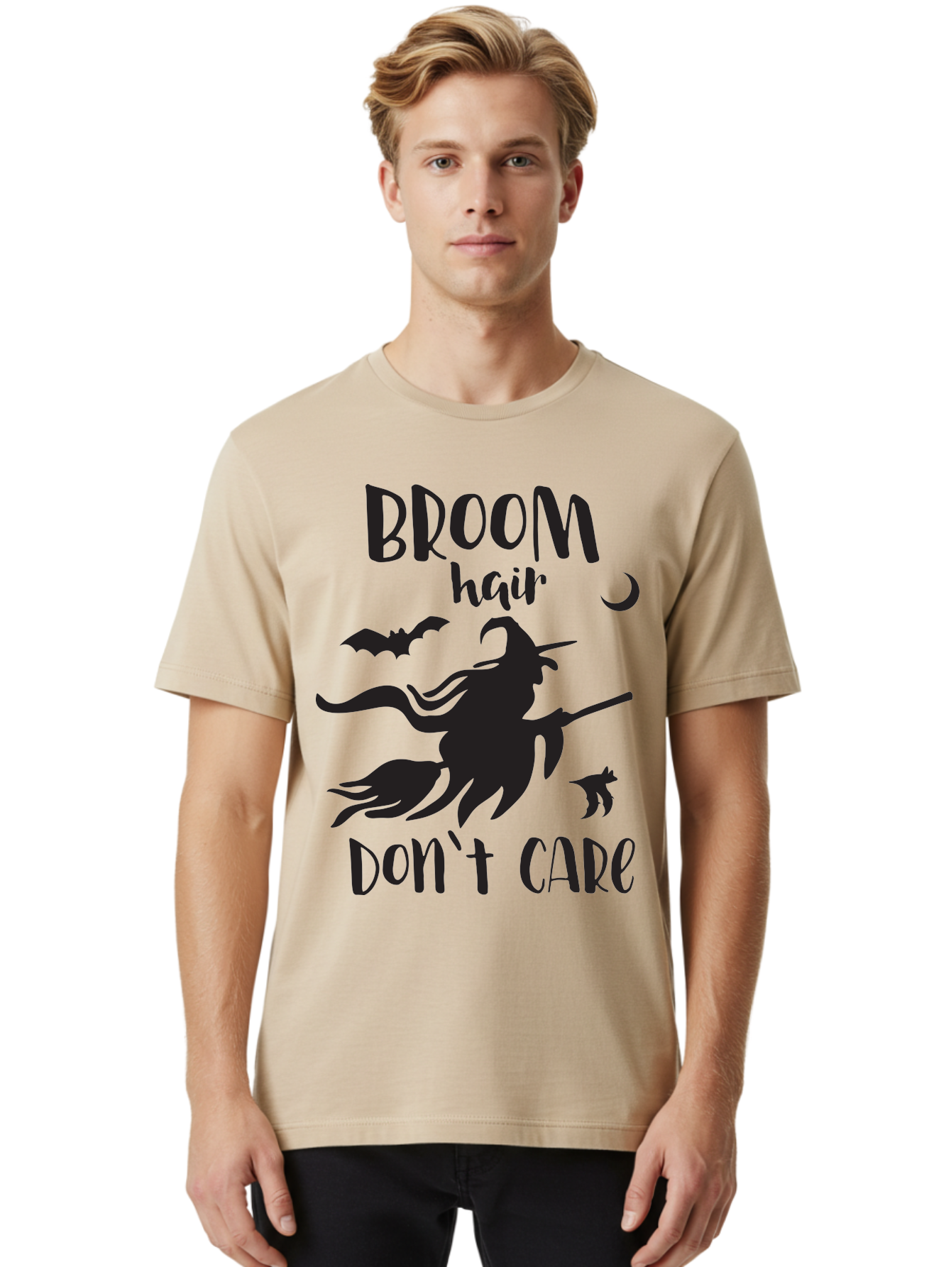 Broom-Hair-Don-T-Care Men'S Graphic Tee, 100% Cotton, Comfortable Casual Summer Wear, Machine Washable, Witch Silhouette, Broomstick, Halloween Theme, Bats Flying, Crescent Moon, Cat Silhouette, Spooky Atmosphere, Witchy Vibes, Mystical Night, Aac547 4