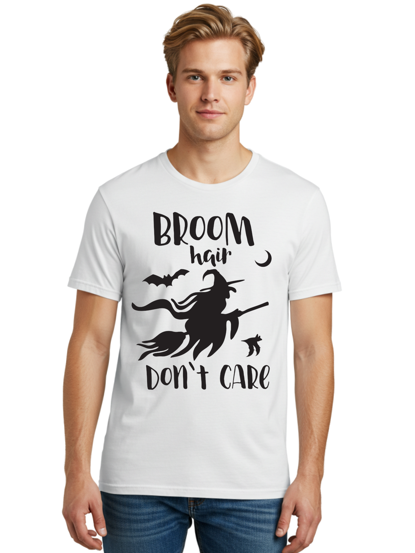Broom-Hair-Don-T-Care Men'S Graphic Tee, 100% Cotton, Comfortable Casual Summer Wear, Machine Washable, Witch Silhouette, Broomstick, Halloween Theme, Bats Flying, Crescent Moon, Cat Silhouette, Spooky Atmosphere, Witchy Vibes, Mystical Night, Aac547 22