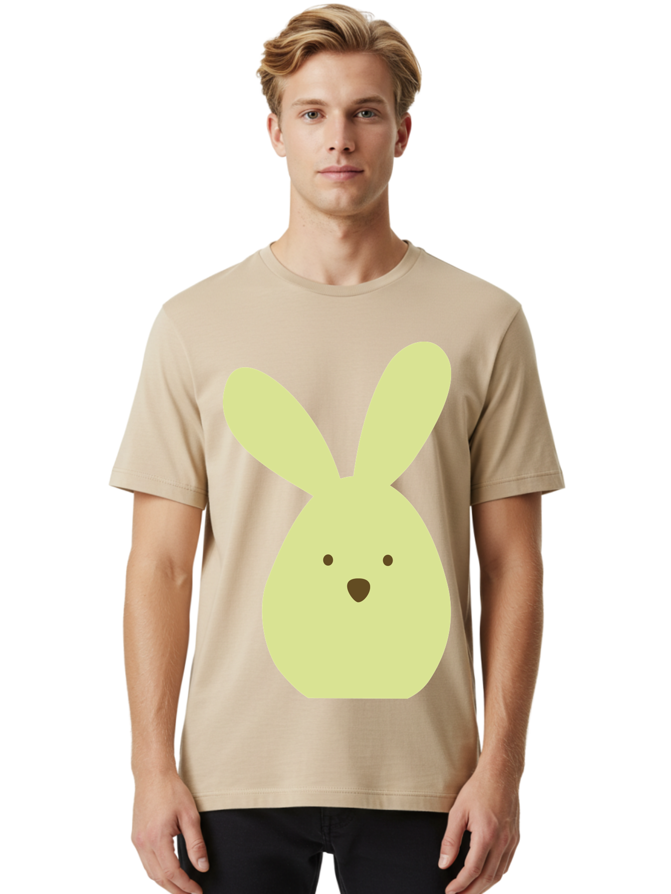 Bunny-Face Men'S Graphic Tee, 100% Cotton, Comfortable Casual Summer Wear, Machine Washable, Cartoon Bunny, Easter Bunny, Cute, Simple Design, Childrens Illustration, Rabbit Face, Brown Nose, Pale Yellow, Digital Art Aac549 2
