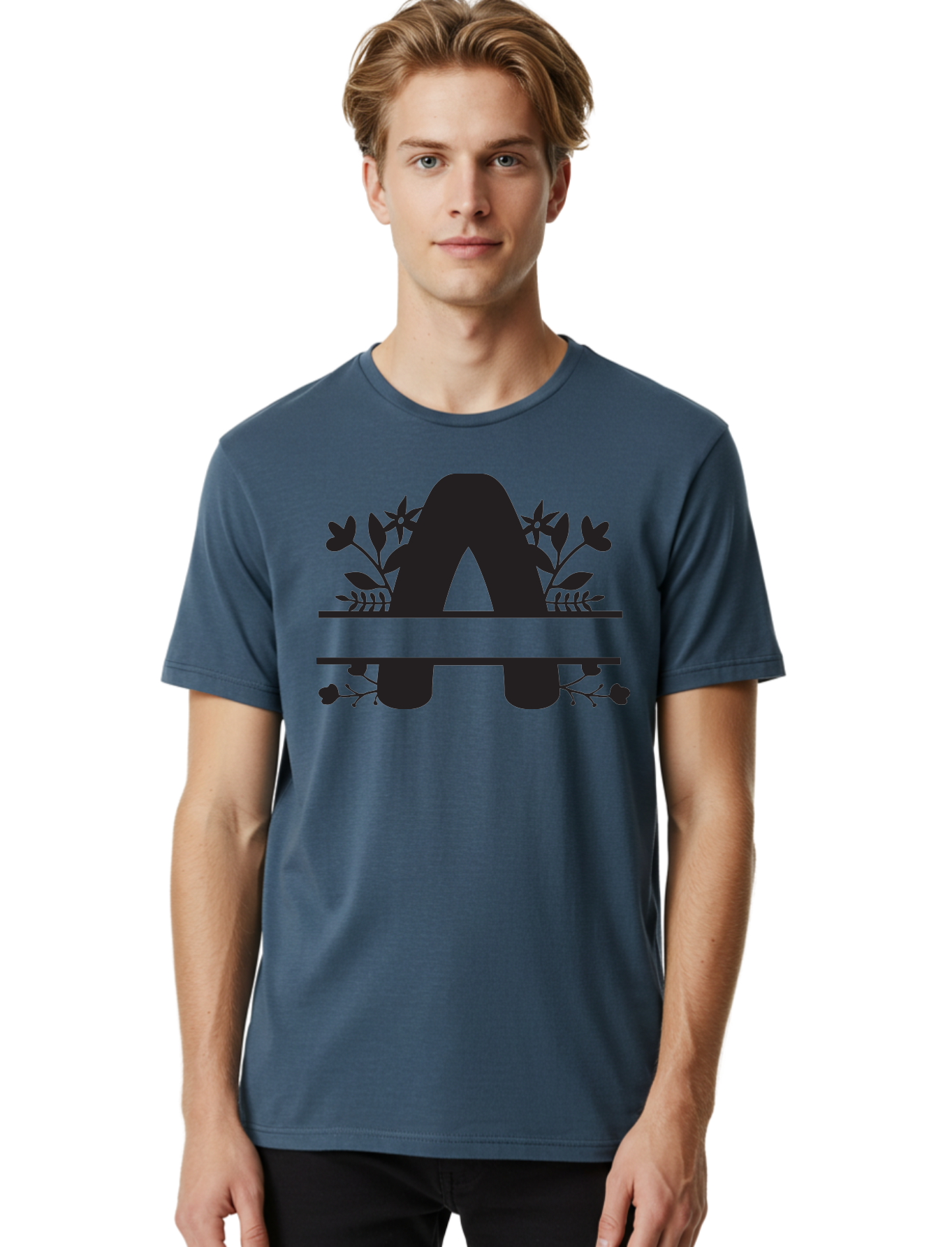 Capital-Letter-A Men'S Graphic Tee, 100% Cotton, Comfortable Casual Summer Wear, Machine Washable, Letter A, Floral Designs, Botanical Elements, Leaves, Flowers, Black Silhouette, Elegant Typography, Decorative Accents, Minimalist Style, Aac568 30
