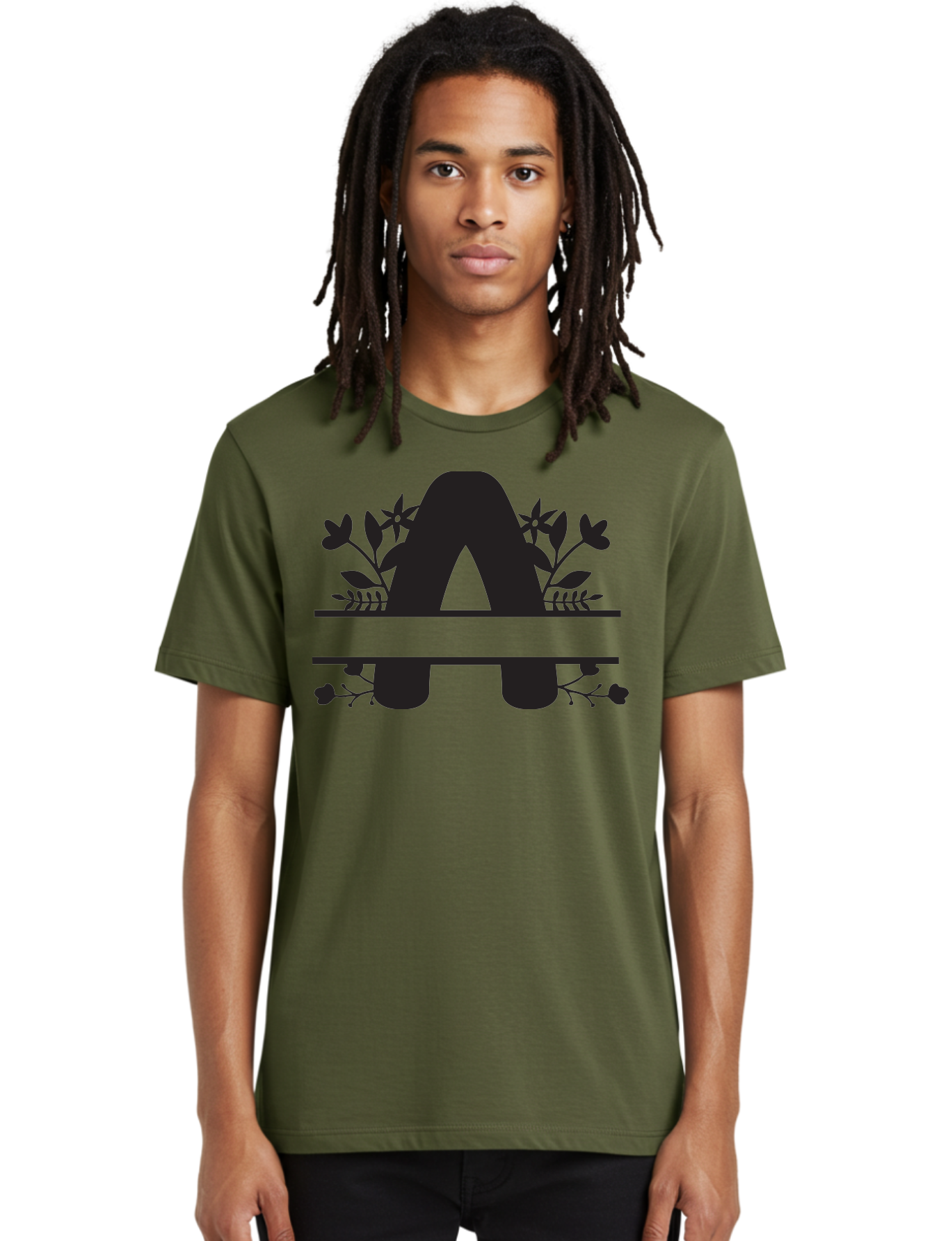 Capital-Letter-A Men'S Graphic Tee, 100% Cotton, Comfortable Casual Summer Wear, Machine Washable, Letter A, Floral Designs, Botanical Elements, Leaves, Flowers, Black Silhouette, Elegant Typography, Decorative Accents, Minimalist Style, Aac568 10
