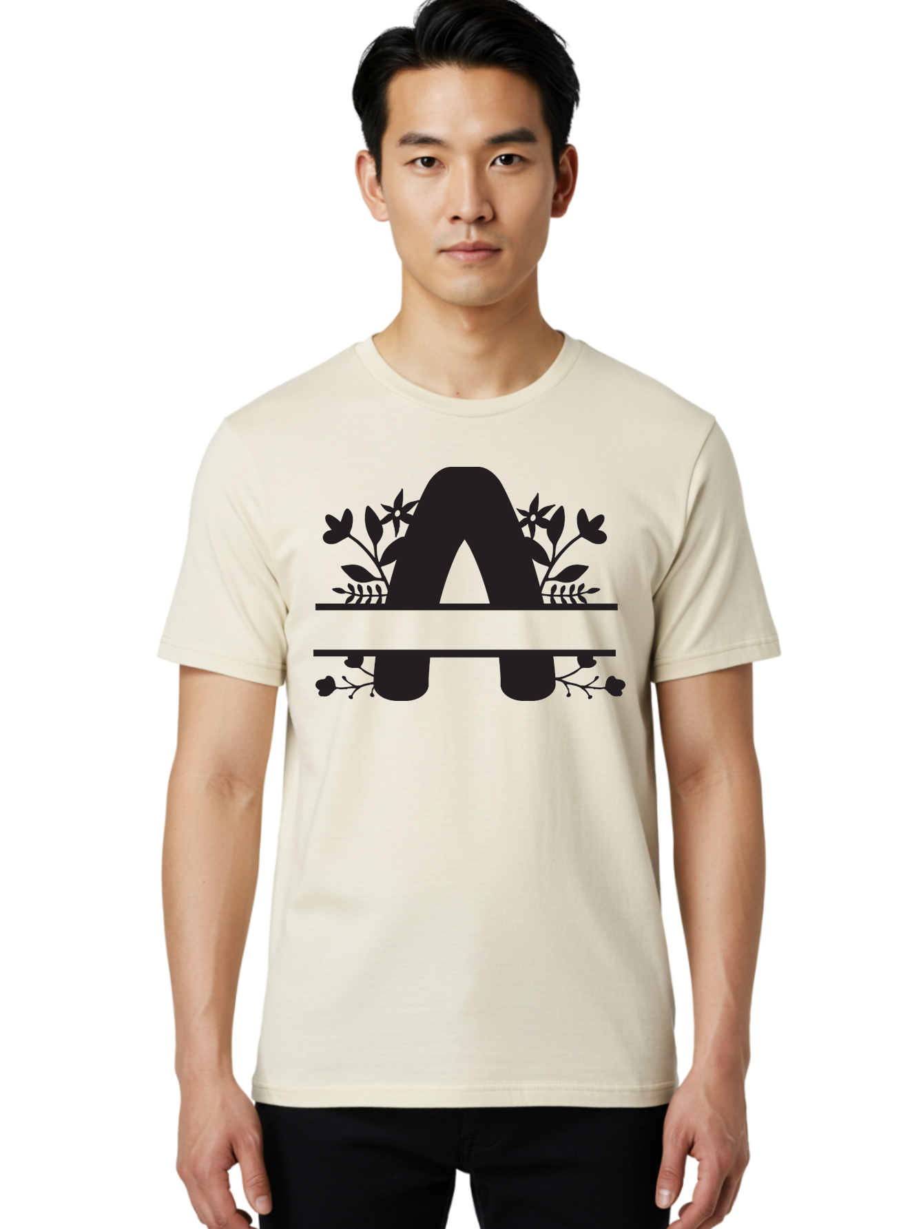 Capital-Letter-A Men'S Graphic Tee, 100% Cotton, Comfortable Casual Summer Wear, Machine Washable, Letter A, Floral Designs, Botanical Elements, Leaves, Flowers, Black Silhouette, Elegant Typography, Decorative Accents, Minimalist Style, Aac568 24
