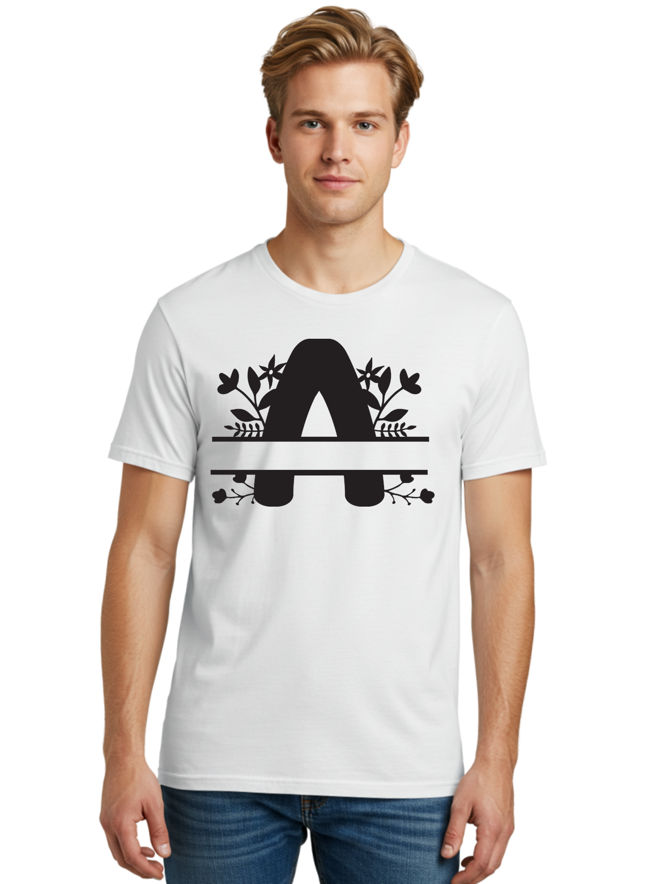 Capital-Letter-A Men'S Graphic Tee, 100% Cotton, Comfortable Casual Summer Wear, Machine Washable, Letter A, Floral Designs, Botanical Elements, Leaves, Flowers, Black Silhouette, Elegant Typography, Decorative Accents, Minimalist Style, Aac568 20