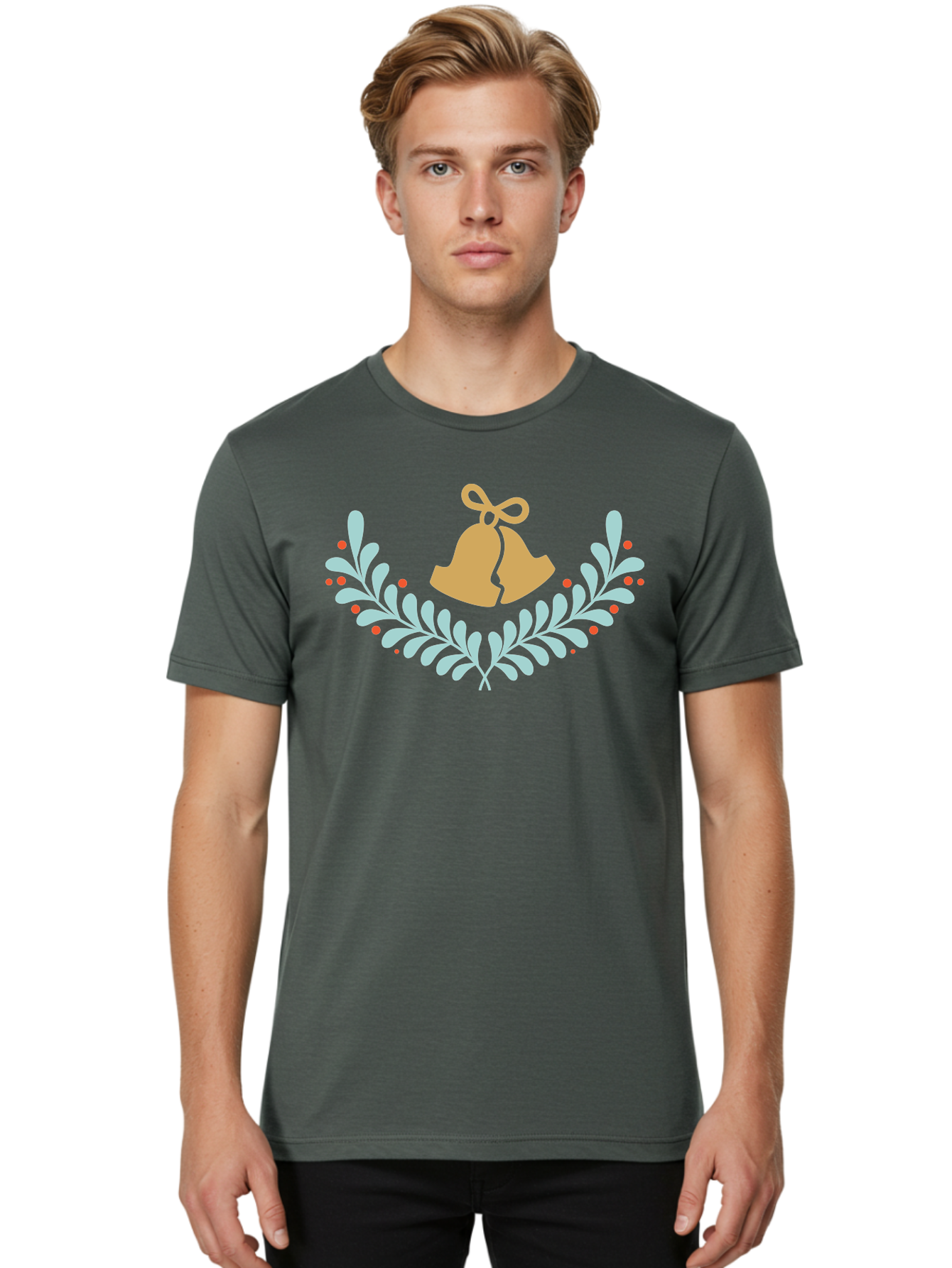 Christmas-Bells-1 Men'S Graphic Tee, 100% Cotton, Comfortable Casual Summer Wear, Machine Washable, Christmas Bells, Festive Wreath, Holiday Decorations, Orange Bells, White Leaves, Red Berries, Seasonal Decor, Winter Wonderland, Holiday Cheer Aac577 14