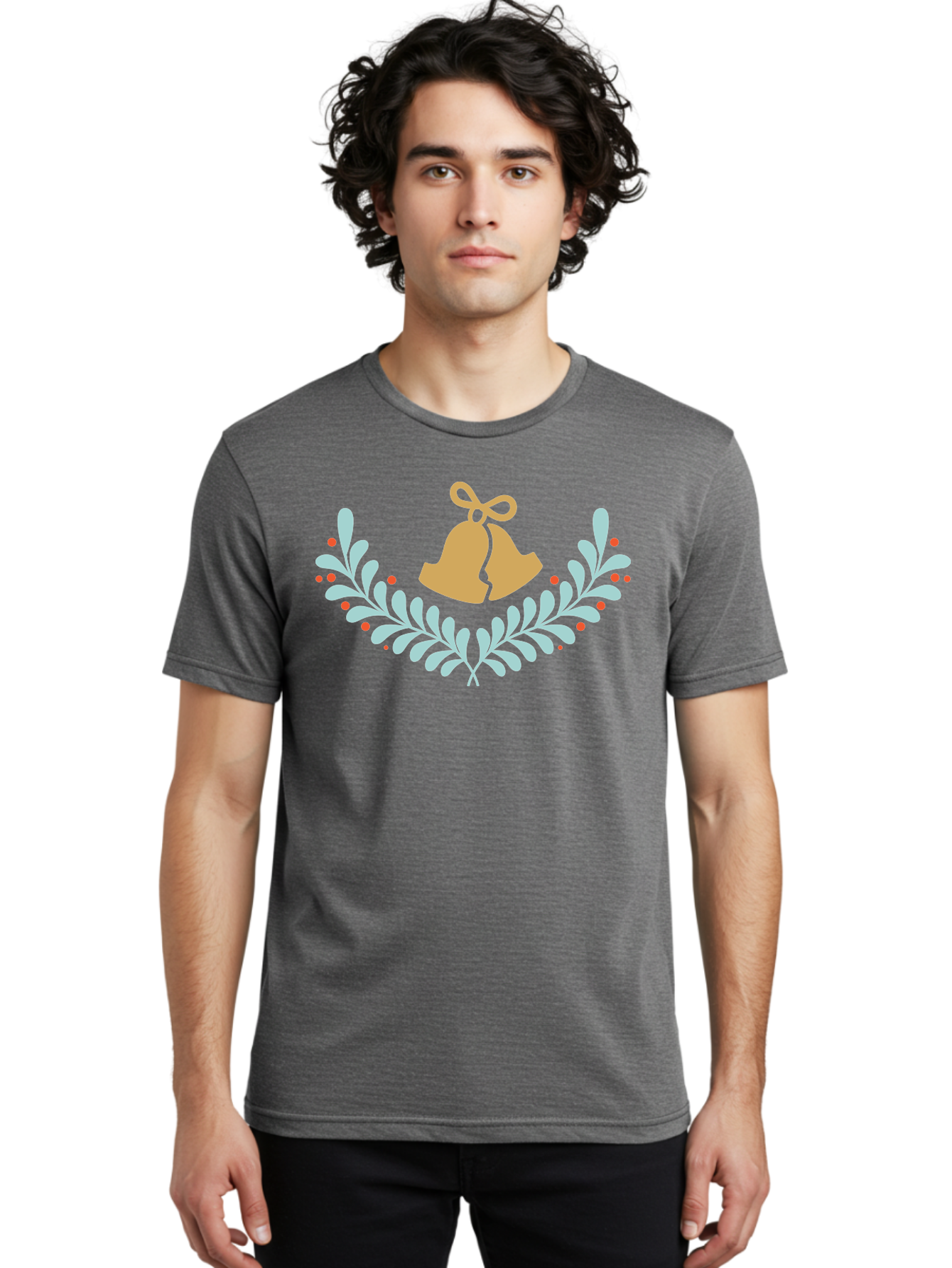 Christmas-Bells-1 Men'S Graphic Tee, 100% Cotton, Comfortable Casual Summer Wear, Machine Washable, Christmas Bells, Festive Wreath, Holiday Decorations, Orange Bells, White Leaves, Red Berries, Seasonal Decor, Winter Wonderland, Holiday Cheer Aac577 8