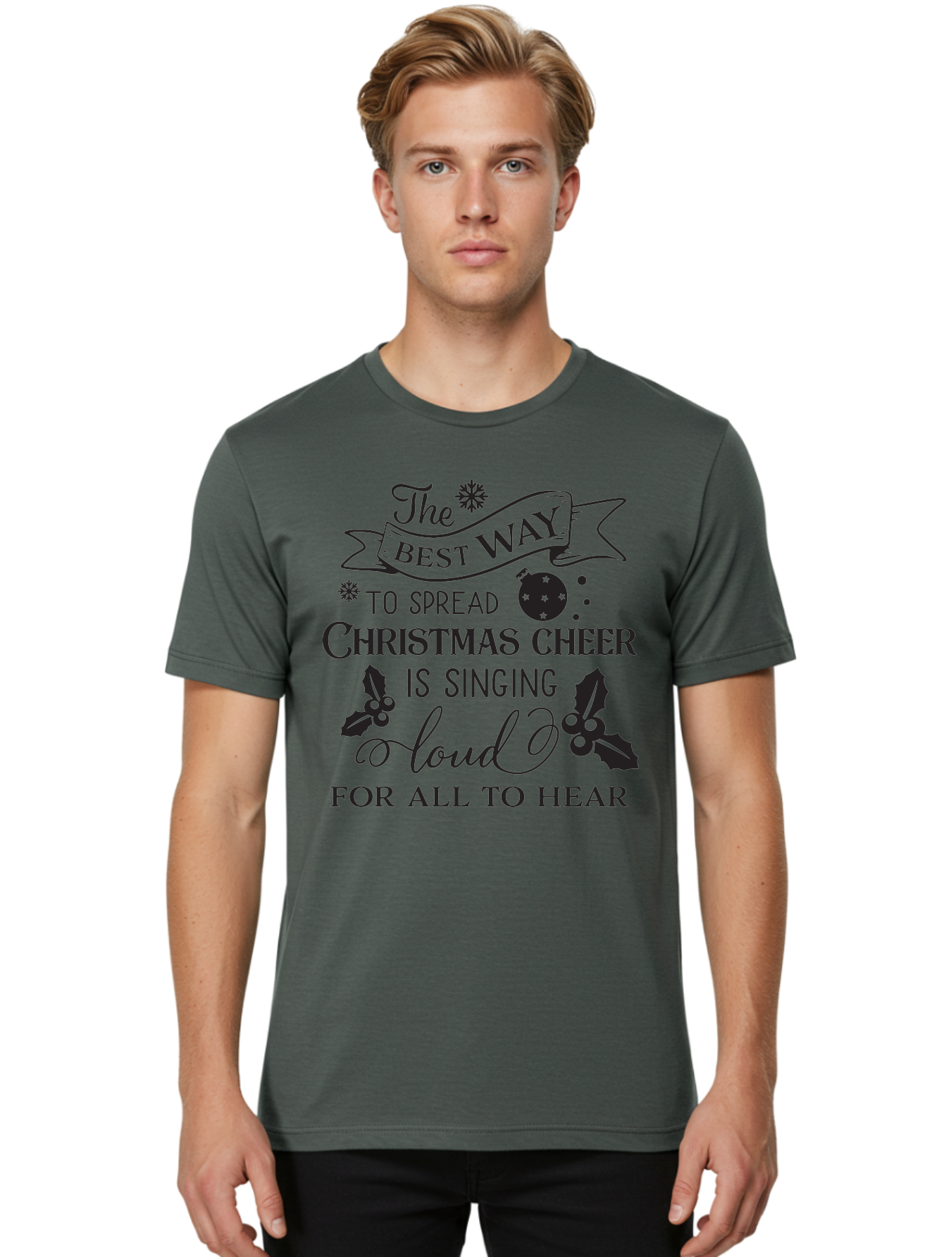 Christmas-Cheer-Quote Men'S Graphic Tee, 100% Cotton, Comfortable Casual Summer Wear, Machine Washable, Christmas Quote, Holiday Cheer, Festive Decor, Black Typography, Christmas Ornament, Holly Leaves, Banner Design, Joyful Message, Aac579 26