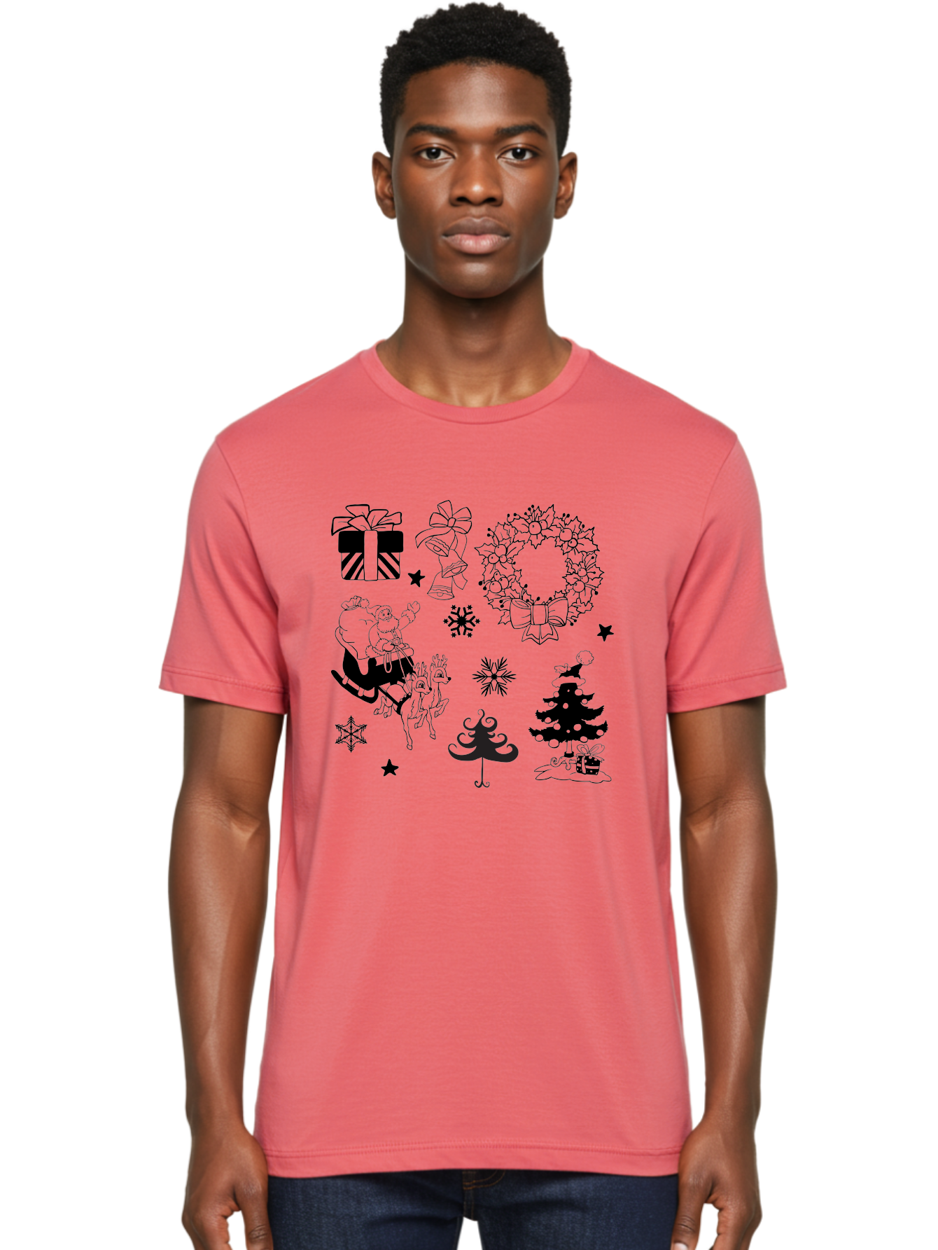 Christmas-Elements Men'S Graphic Tee, 100% Cotton, Comfortable Casual Summer Wear, Machine Washable, Santa Claus, Reindeer, Christmas Tree, Wreath, Gifts, Bows, Snowflakes, Stars, Festive Decorations, Holiday Graphics, Christmas Illustrations, Aac580 2