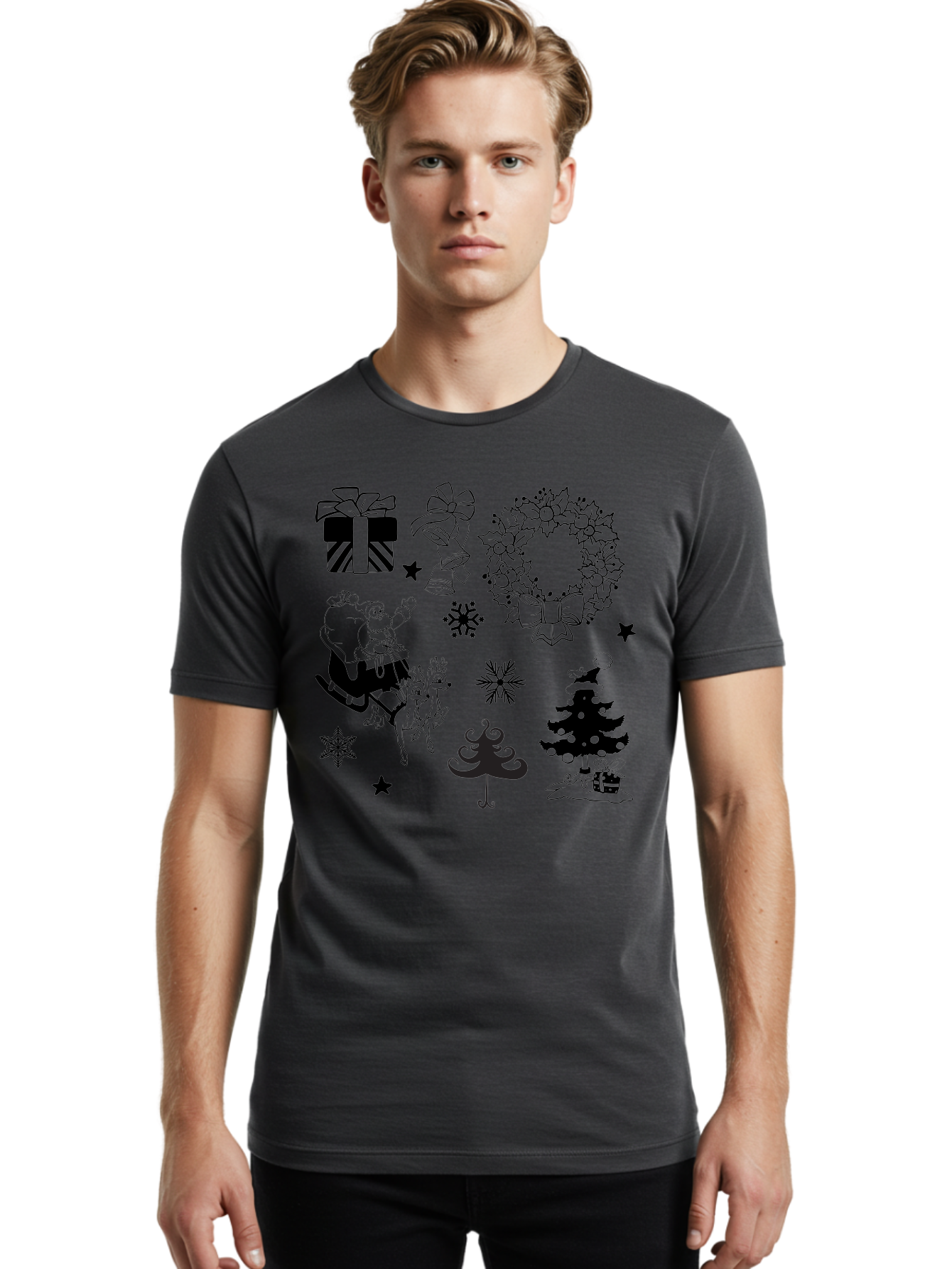 Christmas-Elements Men'S Graphic Tee, 100% Cotton, Comfortable Casual Summer Wear, Machine Washable, Santa Claus, Reindeer, Christmas Tree, Wreath, Gifts, Bows, Snowflakes, Stars, Festive Decorations, Holiday Graphics, Christmas Illustrations, Aac580 4
