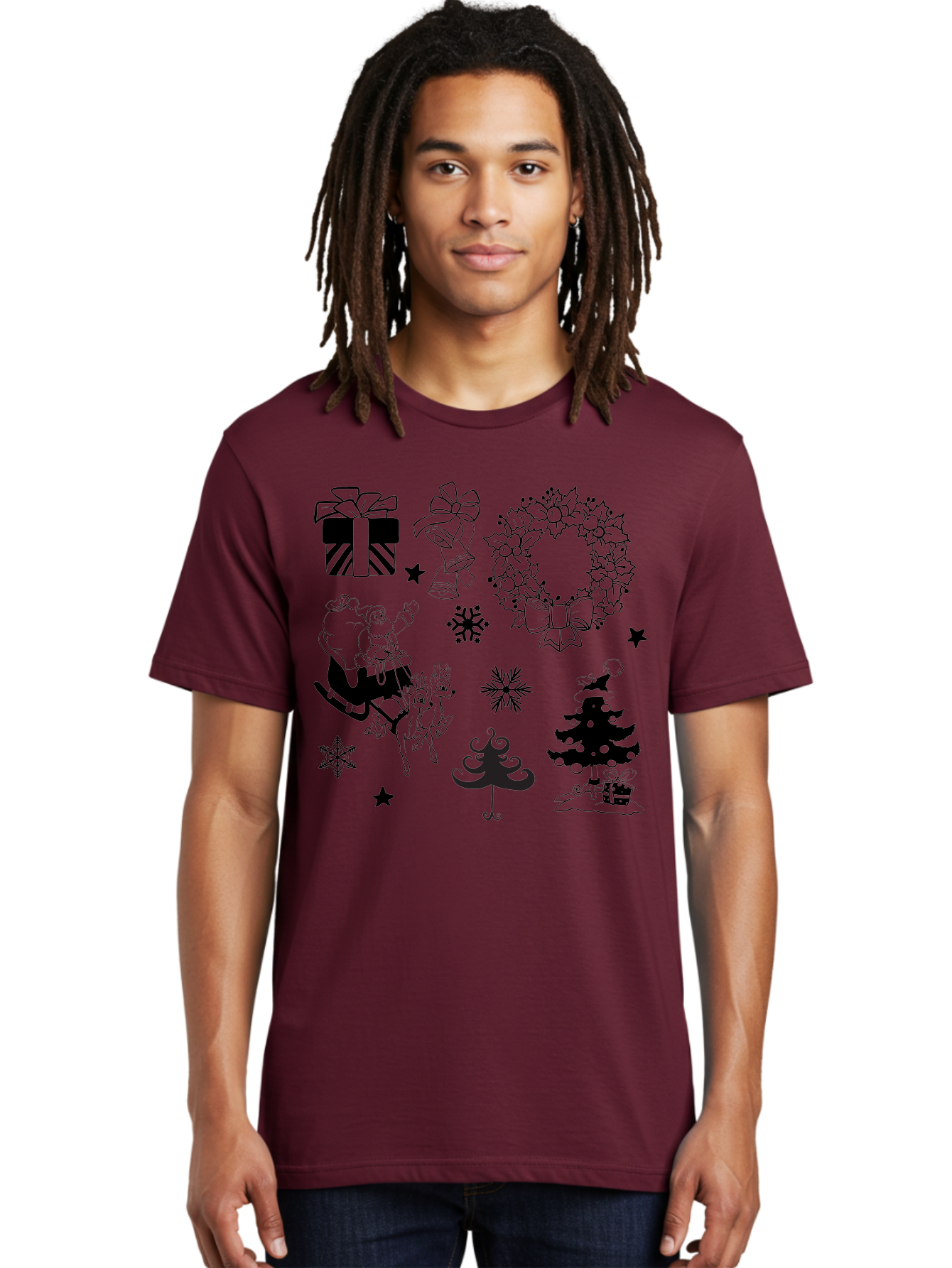 Christmas-Elements Men'S Graphic Tee, 100% Cotton, Comfortable Casual Summer Wear, Machine Washable, Santa Claus, Reindeer, Christmas Tree, Wreath, Gifts, Bows, Snowflakes, Stars, Festive Decorations, Holiday Graphics, Christmas Illustrations, Aac580 8