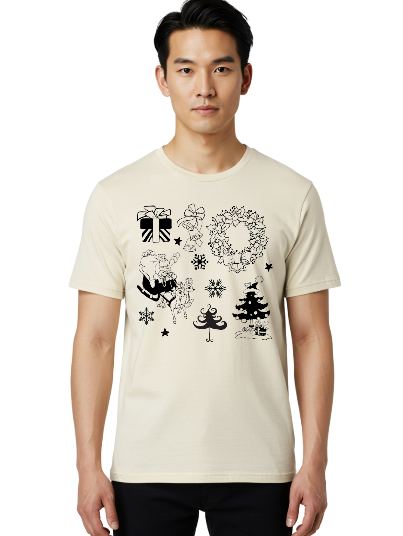 Christmas-Elements Men'S Graphic Tee, 100% Cotton, Comfortable Casual Summer Wear, Machine Washable, Santa Claus, Reindeer, Christmas Tree, Wreath, Gifts, Bows, Snowflakes, Stars, Festive Decorations, Holiday Graphics, Christmas Illustrations, Aac580 10