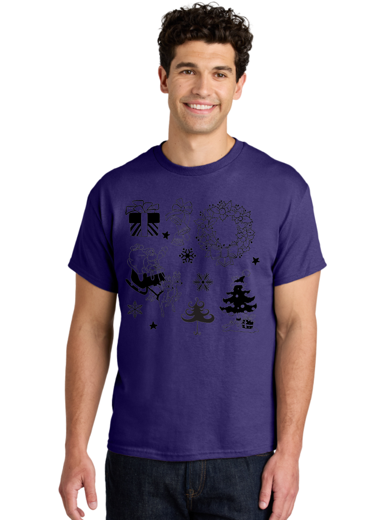 Christmas-Elements Men'S Graphic Tee, 100% Cotton, Comfortable Casual Summer Wear, Machine Washable, Santa Claus, Reindeer, Christmas Tree, Wreath, Gifts, Bows, Snowflakes, Stars, Festive Decorations, Holiday Graphics, Christmas Illustrations, Aac580 30
