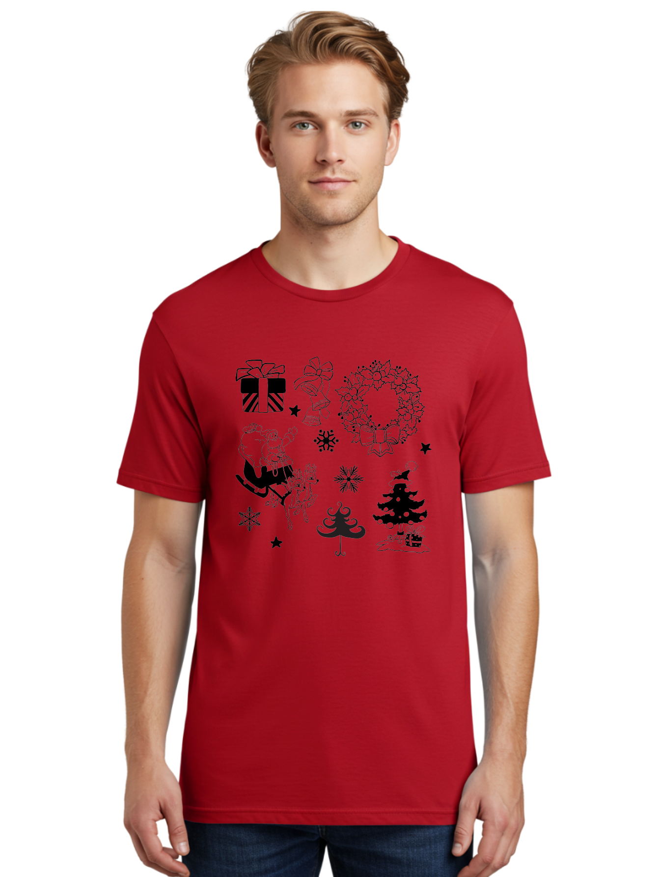 Christmas-Elements Men'S Graphic Tee, 100% Cotton, Comfortable Casual Summer Wear, Machine Washable, Santa Claus, Reindeer, Christmas Tree, Wreath, Gifts, Bows, Snowflakes, Stars, Festive Decorations, Holiday Graphics, Christmas Illustrations, Aac580 6