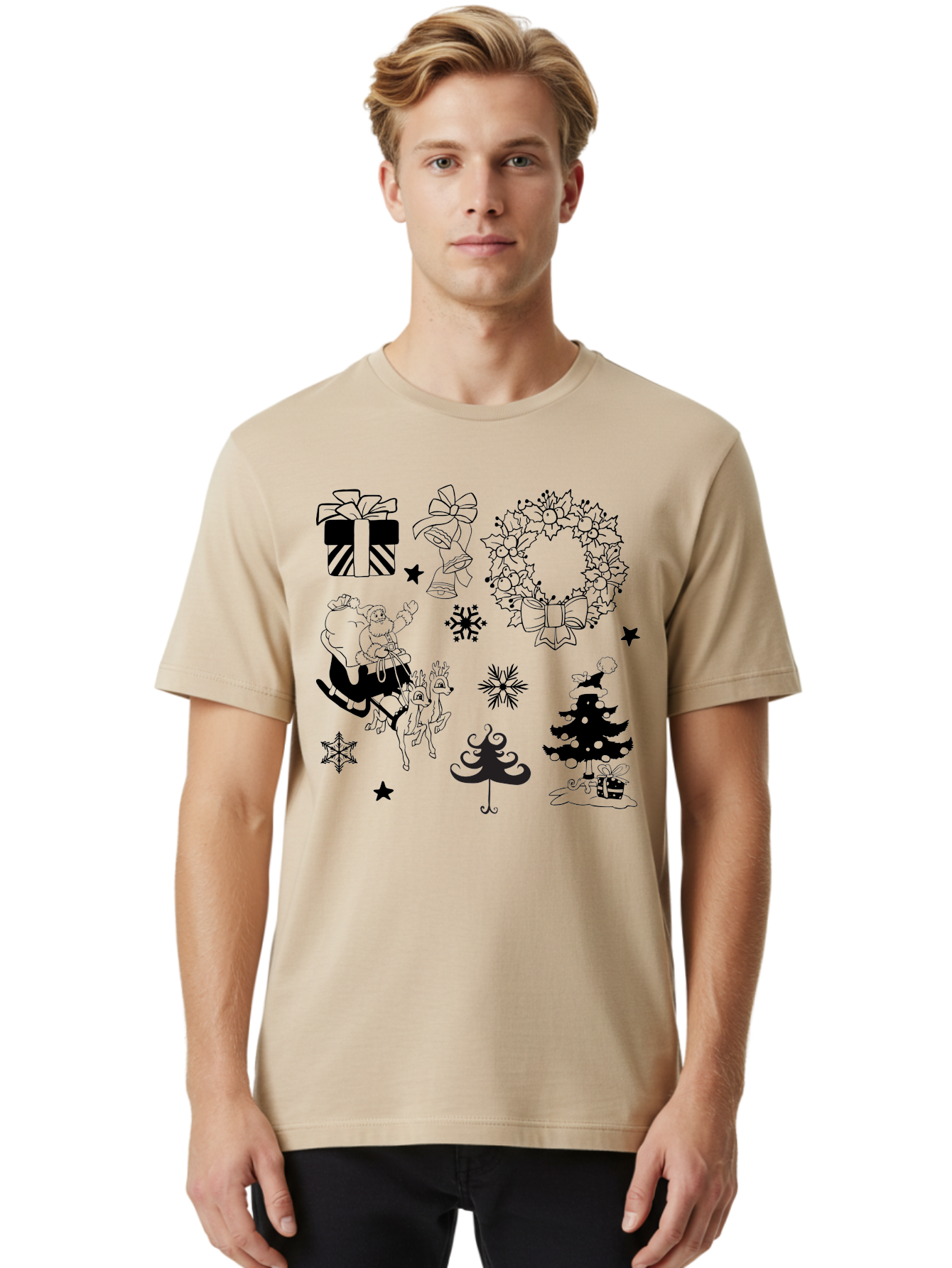 Christmas-Elements Men'S Graphic Tee, 100% Cotton, Comfortable Casual Summer Wear, Machine Washable, Santa Claus, Reindeer, Christmas Tree, Wreath, Gifts, Bows, Snowflakes, Stars, Festive Decorations, Holiday Graphics, Christmas Illustrations, Aac580 18