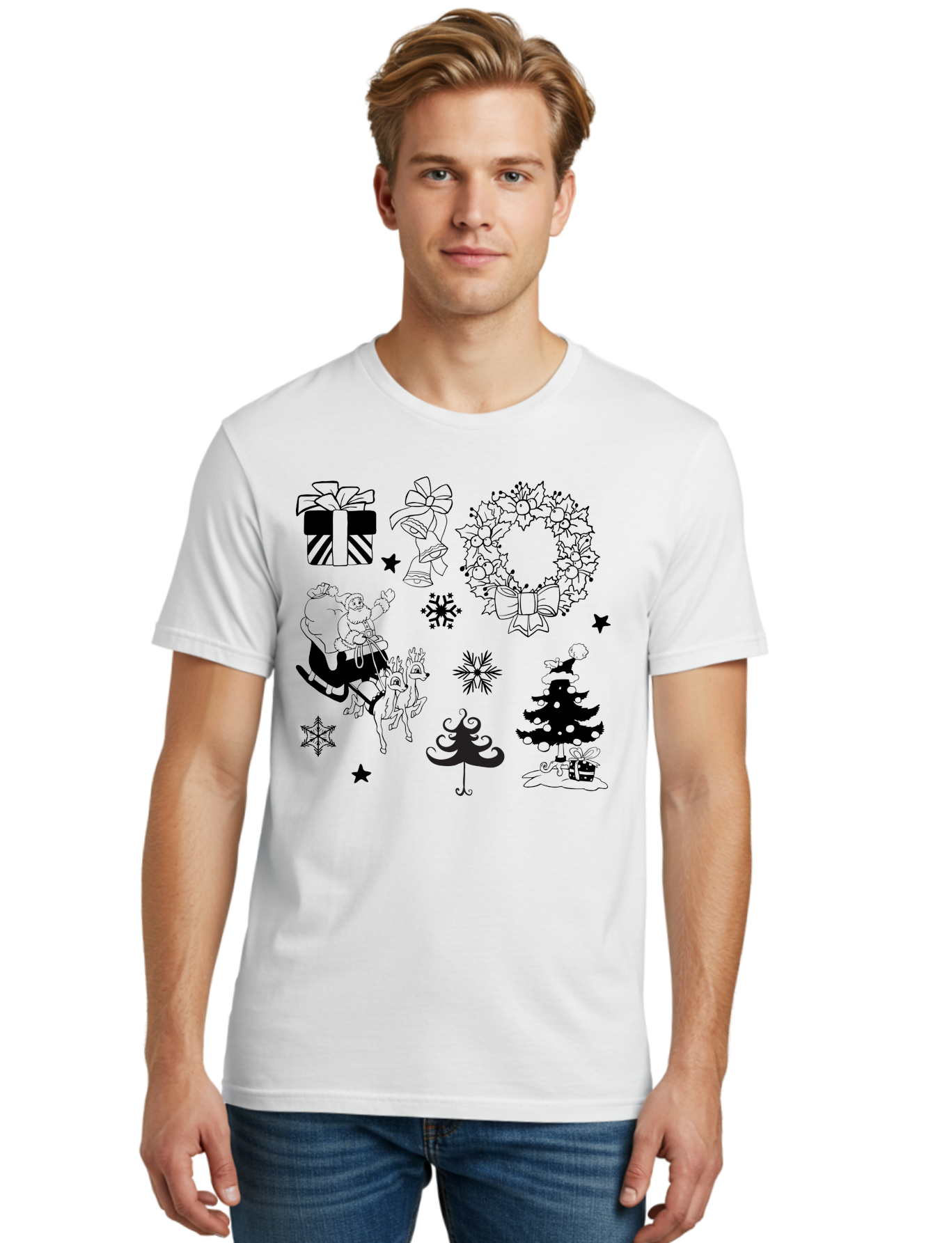Christmas-Elements Men'S Graphic Tee, 100% Cotton, Comfortable Casual Summer Wear, Machine Washable, Santa Claus, Reindeer, Christmas Tree, Wreath, Gifts, Bows, Snowflakes, Stars, Festive Decorations, Holiday Graphics, Christmas Illustrations, Aac580 22