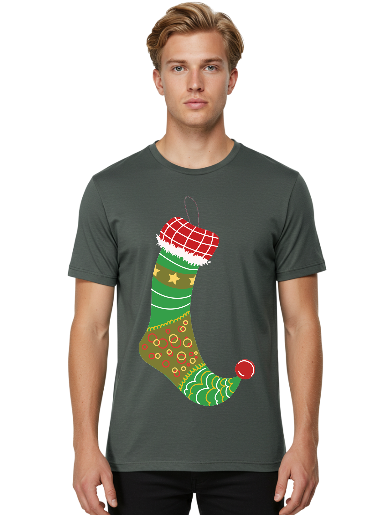 Christmas-Stocking-1 Men'S Graphic Tee, 100% Cotton, Comfortable Casual Summer Wear, Machine Washable, Christmas Stocking, Holiday Decoration, Festive Colors, Red And Green Stripes, Gold Stars, Hanging Ornament, Holly Jolly, Santa Claus, Aac585 24
