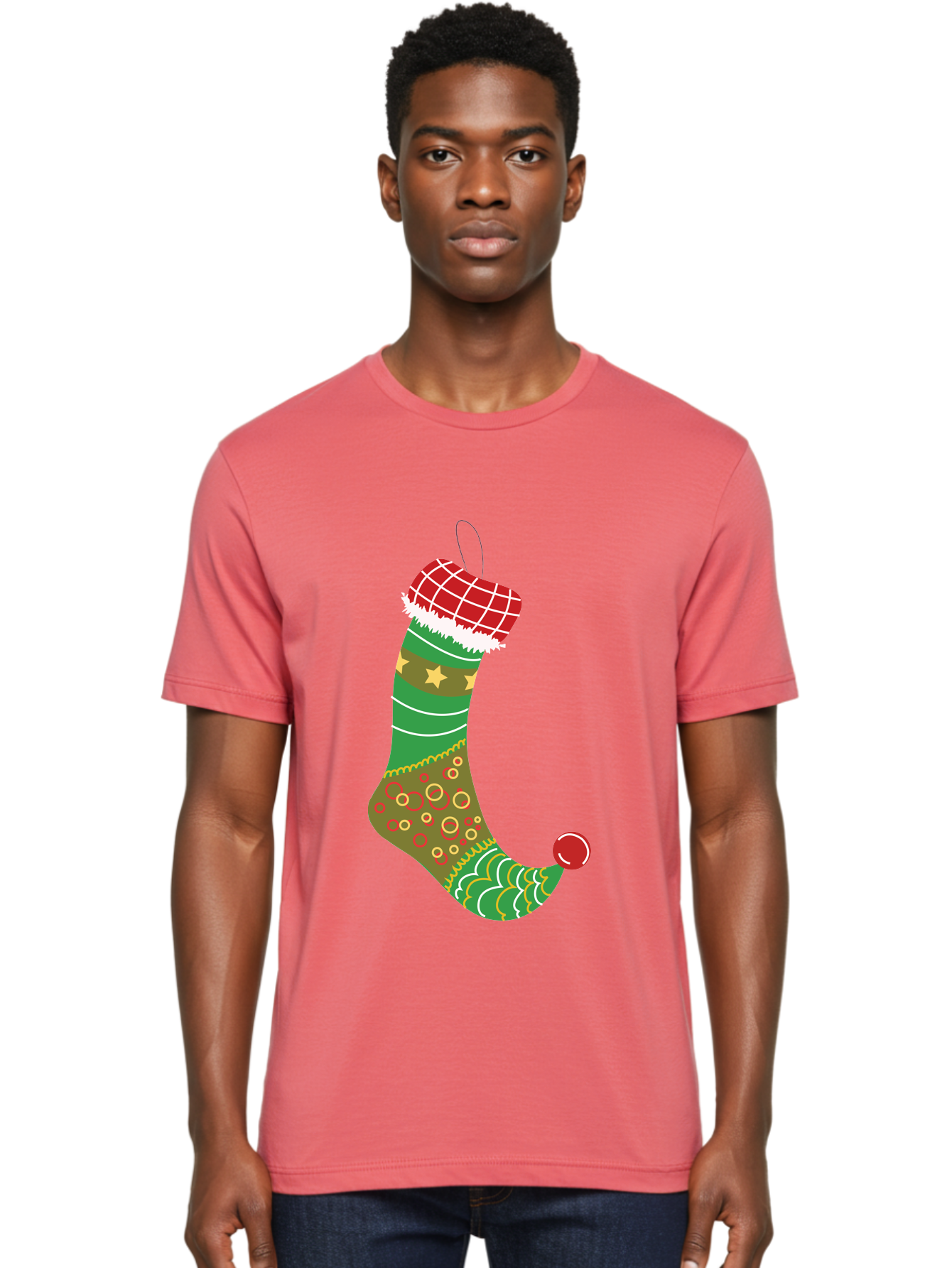 Christmas-Stocking-1 Men'S Graphic Tee, 100% Cotton, Comfortable Casual Summer Wear, Machine Washable, Christmas Stocking, Holiday Decoration, Festive Colors, Red And Green Stripes, Gold Stars, Hanging Ornament, Holly Jolly, Santa Claus, Aac585 14