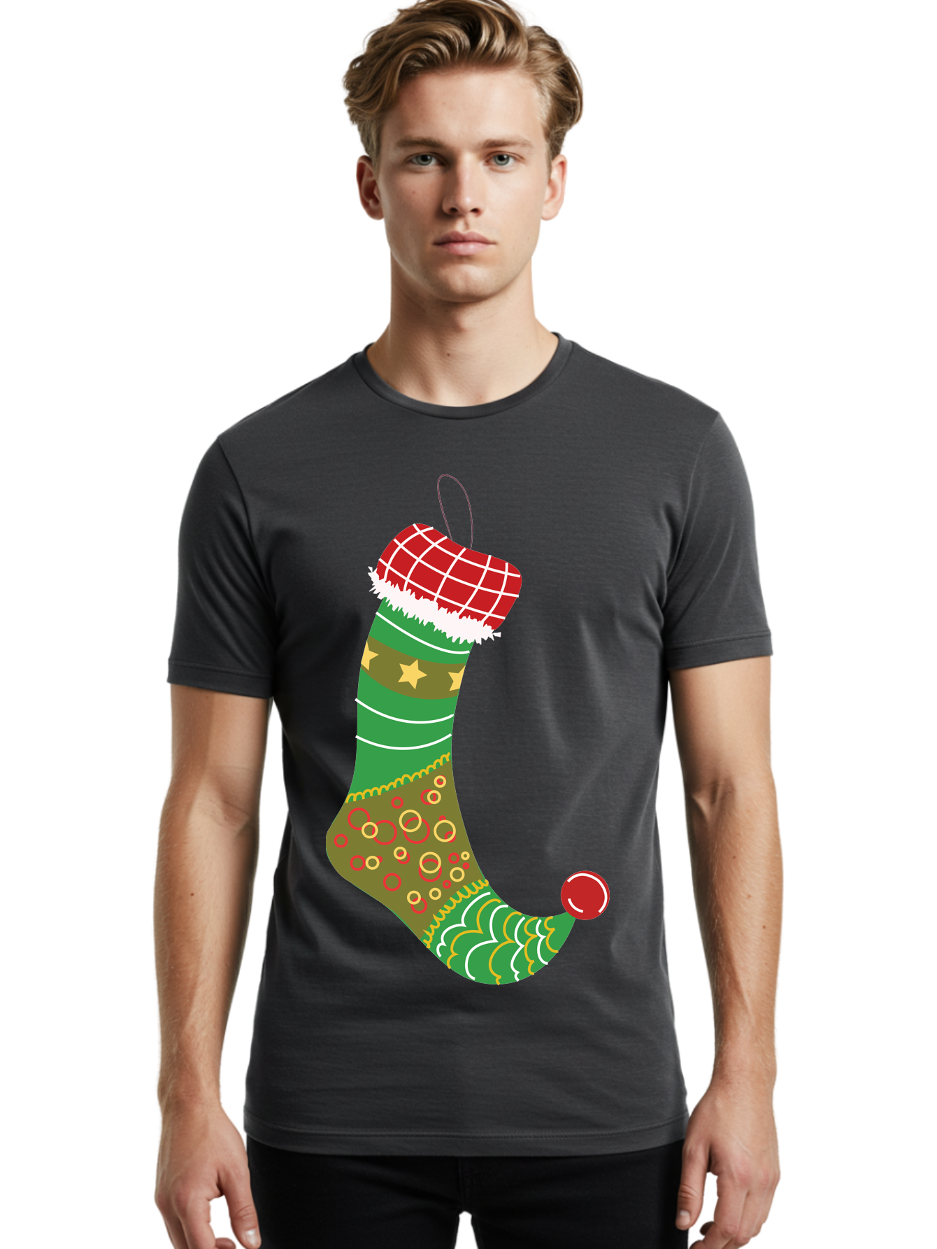 Christmas-Stocking-1 Men'S Graphic Tee, 100% Cotton, Comfortable Casual Summer Wear, Machine Washable, Christmas Stocking, Holiday Decoration, Festive Colors, Red And Green Stripes, Gold Stars, Hanging Ornament, Holly Jolly, Santa Claus, Aac585 30