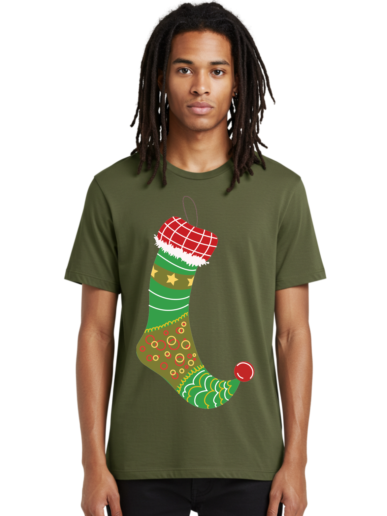 Christmas-Stocking-1 Men'S Graphic Tee, 100% Cotton, Comfortable Casual Summer Wear, Machine Washable, Christmas Stocking, Holiday Decoration, Festive Colors, Red And Green Stripes, Gold Stars, Hanging Ornament, Holly Jolly, Santa Claus, Aac585 26