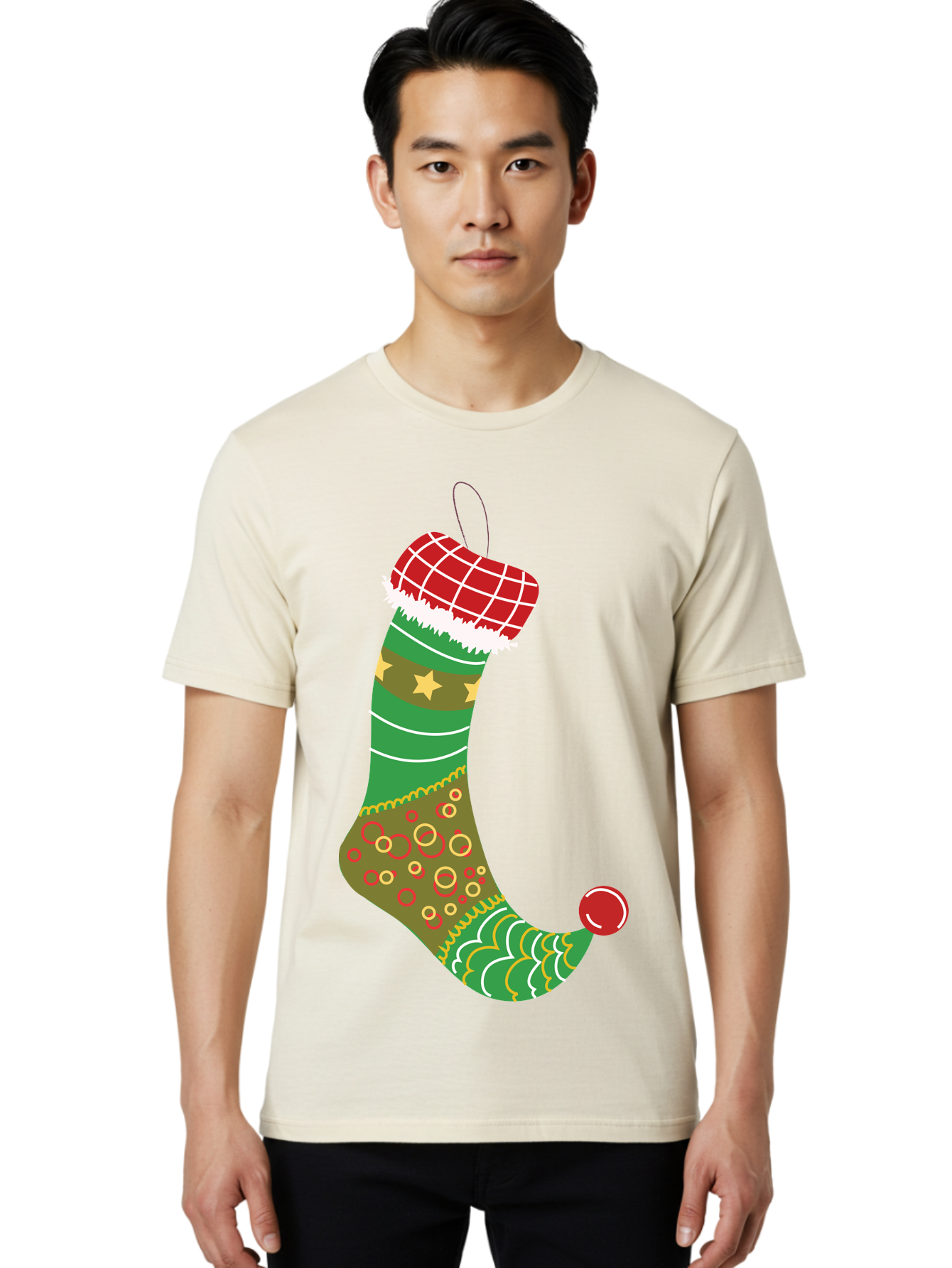 Christmas-Stocking-1 Men'S Graphic Tee, 100% Cotton, Comfortable Casual Summer Wear, Machine Washable, Christmas Stocking, Holiday Decoration, Festive Colors, Red And Green Stripes, Gold Stars, Hanging Ornament, Holly Jolly, Santa Claus, Aac585 28