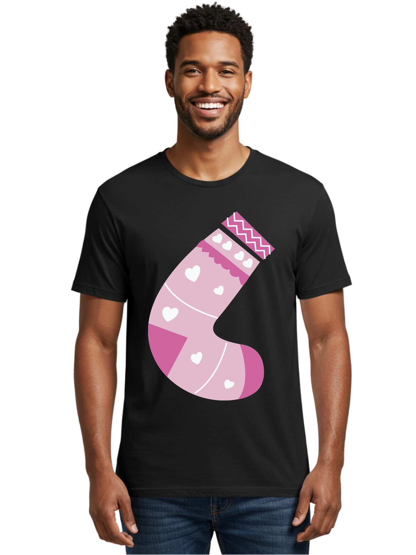 Christmas-Stocking-2 Men'S Graphic Tee, 100% Cotton, Comfortable Casual Summer Wear, Machine Washable, Christmas Stocking, Pink And White Colors, Heart Patterns, Festive Design, Holiday Decor, Christmas Theme, Seasonal Illustration Aac586 30