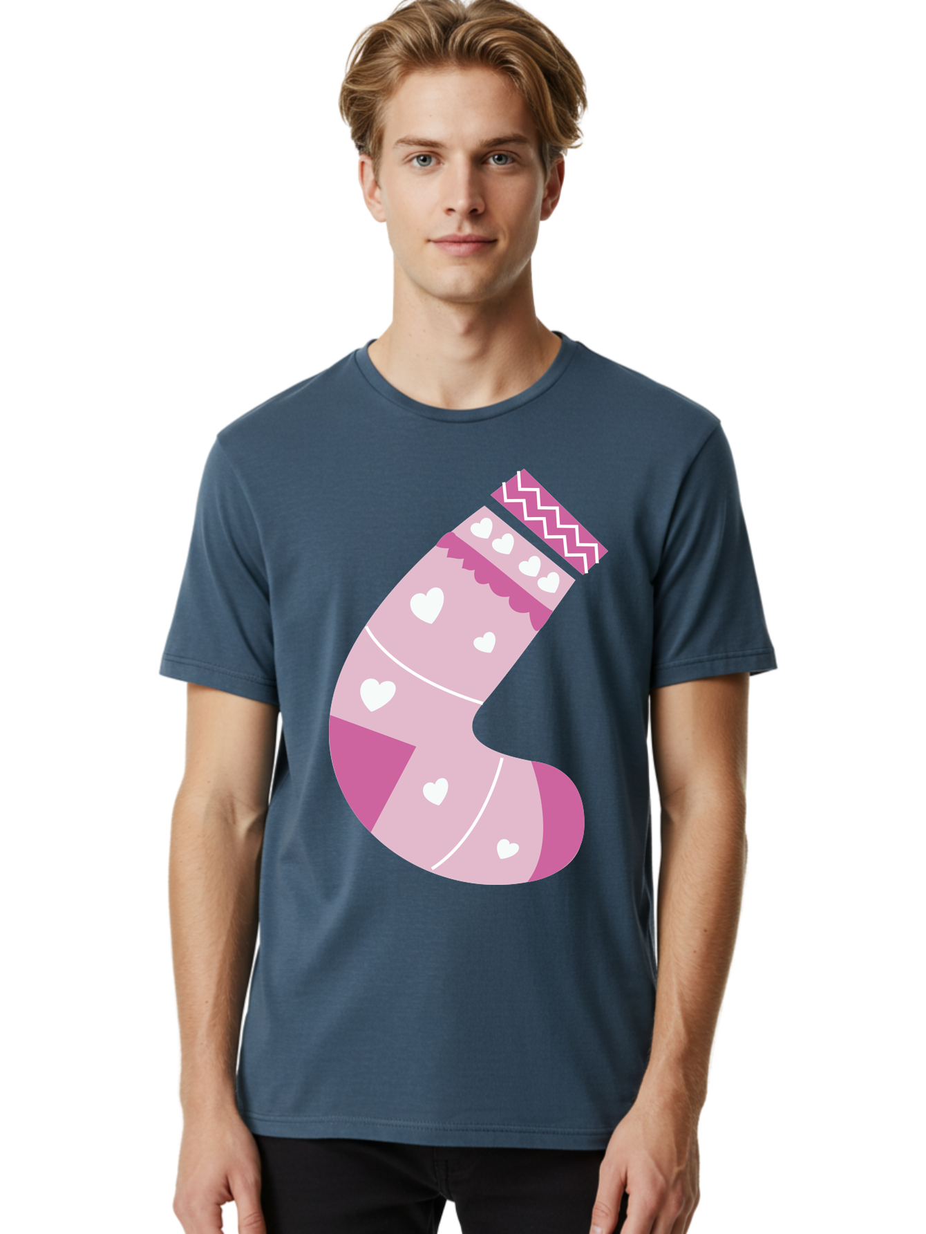 Christmas-Stocking-2 Men'S Graphic Tee, 100% Cotton, Comfortable Casual Summer Wear, Machine Washable, Christmas Stocking, Pink And White Colors, Heart Patterns, Festive Design, Holiday Decor, Christmas Theme, Seasonal Illustration Aac586 6