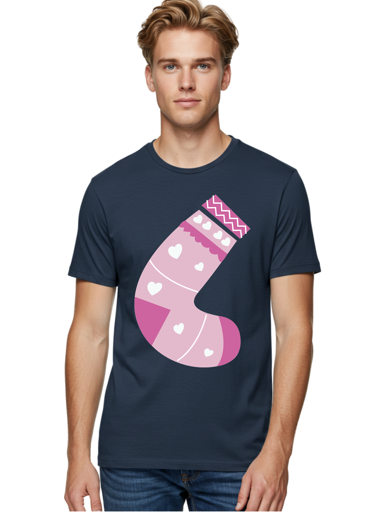 Christmas-Stocking-2 Men'S Graphic Tee, 100% Cotton, Comfortable Casual Summer Wear, Machine Washable, Christmas Stocking, Pink And White Colors, Heart Patterns, Festive Design, Holiday Decor, Christmas Theme, Seasonal Illustration Aac586 4