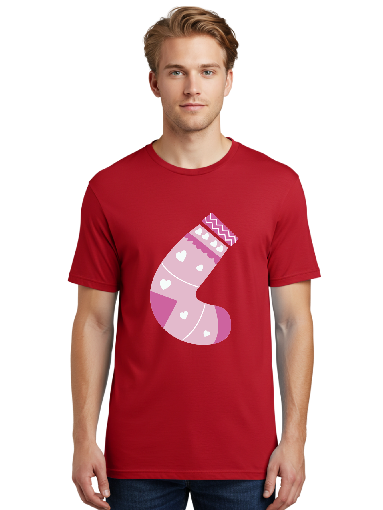 Christmas-Stocking-2 Men'S Graphic Tee, 100% Cotton, Comfortable Casual Summer Wear, Machine Washable, Christmas Stocking, Pink And White Colors, Heart Patterns, Festive Design, Holiday Decor, Christmas Theme, Seasonal Illustration Aac586 16