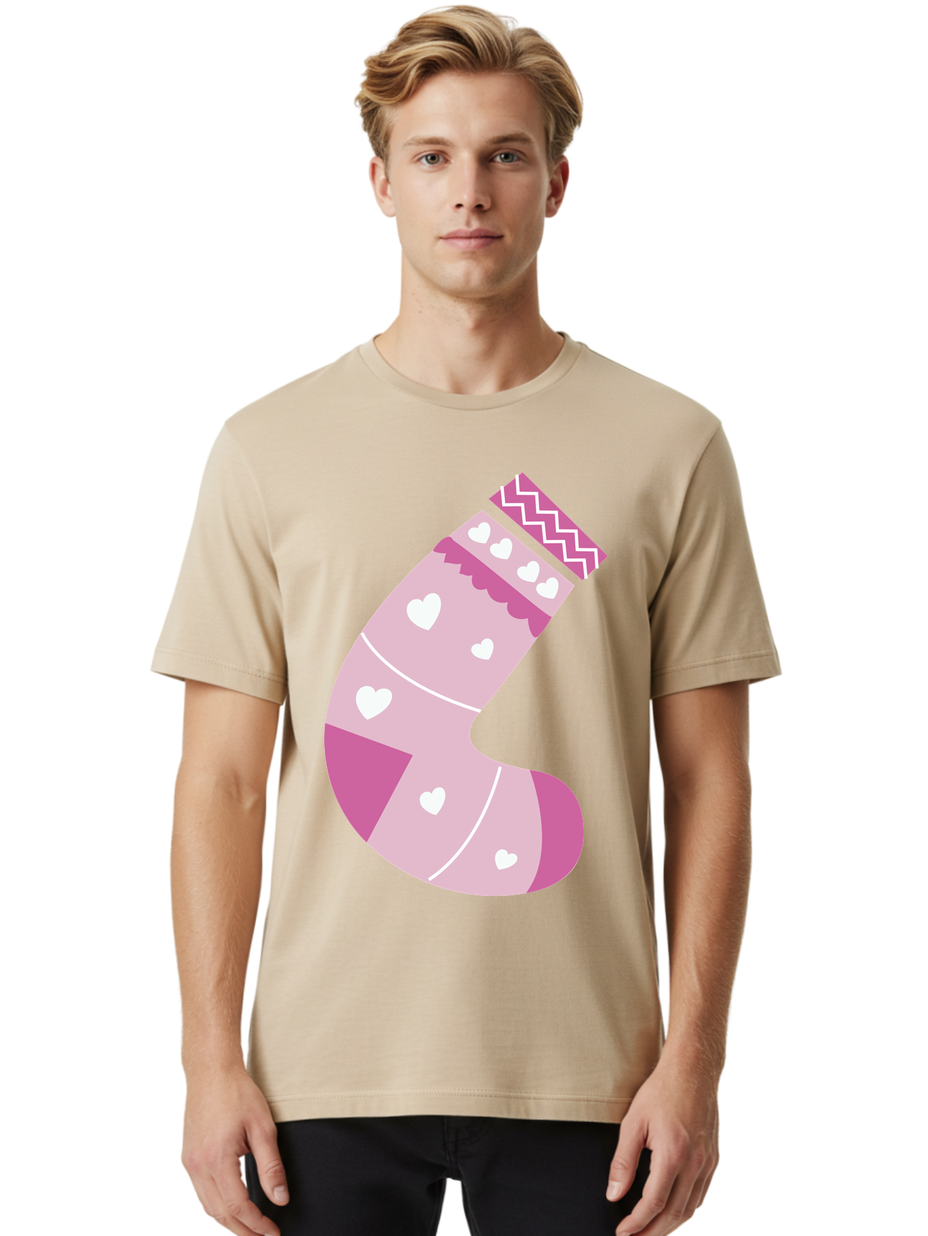 Christmas-Stocking-2 Men'S Graphic Tee, 100% Cotton, Comfortable Casual Summer Wear, Machine Washable, Christmas Stocking, Pink And White Colors, Heart Patterns, Festive Design, Holiday Decor, Christmas Theme, Seasonal Illustration Aac586 10