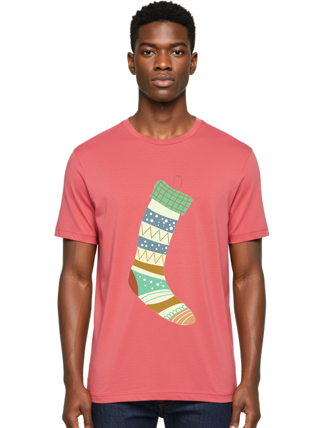 Christmas-Stocking Men'S Graphic Tee, 100% Cotton, Comfortable Casual Summer Wear, Machine Washable, Christmas Stocking, Holiday Decor, Festive Patterns, Stripes, Polka Dots, Chevron Design, Hanging Ornament, Seasonal Decoration, Aac587 24