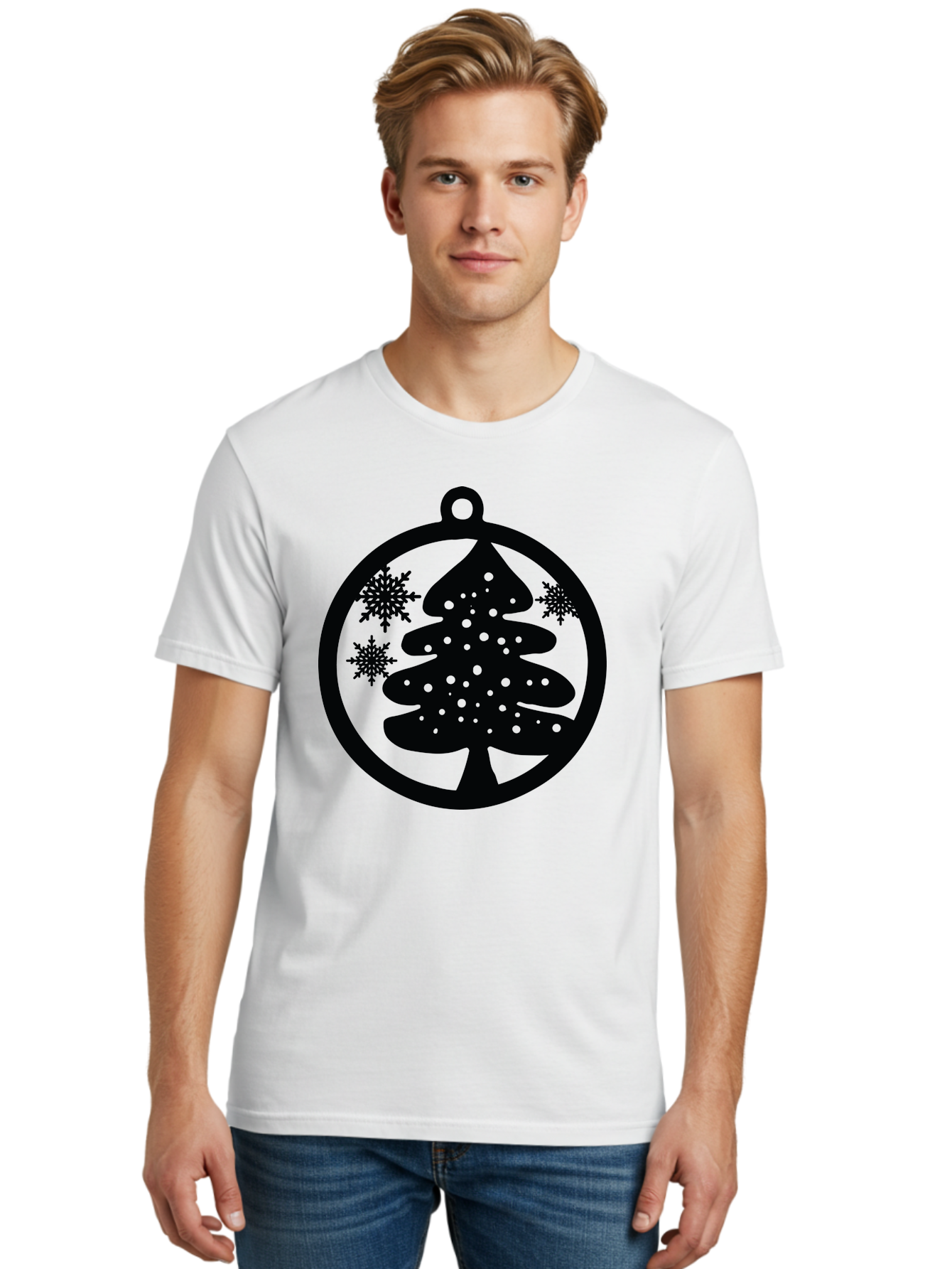 Christmas-Tree-Ornament Men'S Graphic Tee, 100% Cotton, Comfortable Casual Summer Wear, Machine Washable, Christmas Tree Silhouette, Snowflakes, Holiday Decoration, Festive Design, Winter Wonderland, Christmas Ornament, Bauble, Tree Bauble, Aac592 30